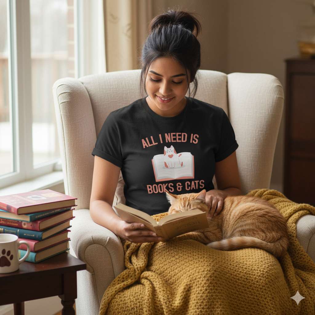 Funny Cat Lover Shirt – All I Need Is Books & Cats Person reading with ginger cat in cozy black tee