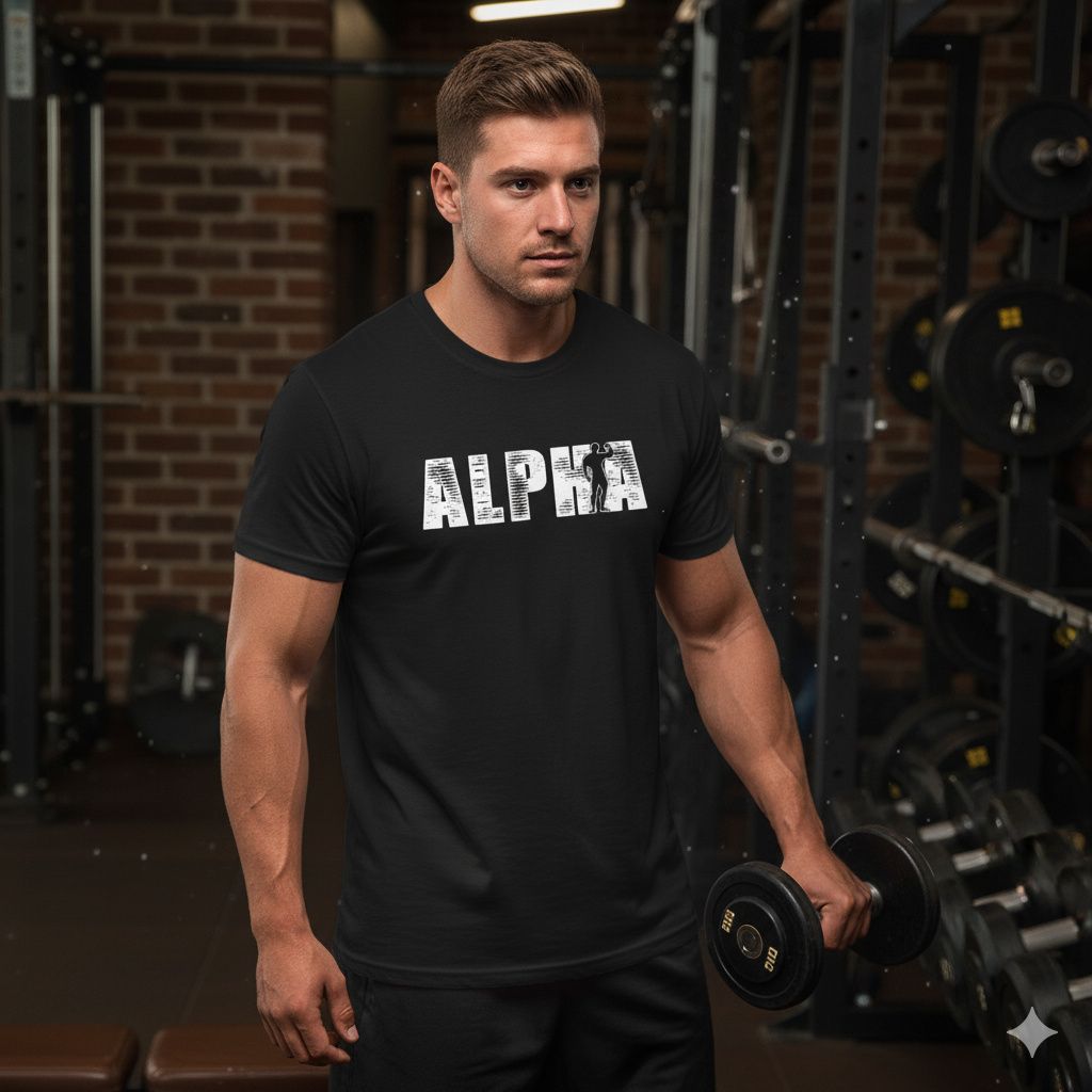 ALPHA Gym T-Shirt – Bold Distressed Power Tee Man wearing ALPHA gym shirt holding dumbbell