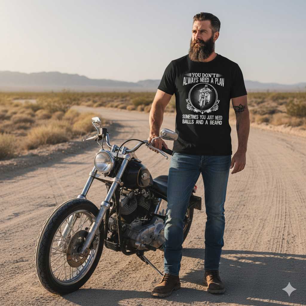 Bold Biker Tee – Balls and Beard Statement Shirt Man standing by motorcycle in bold statement shirt