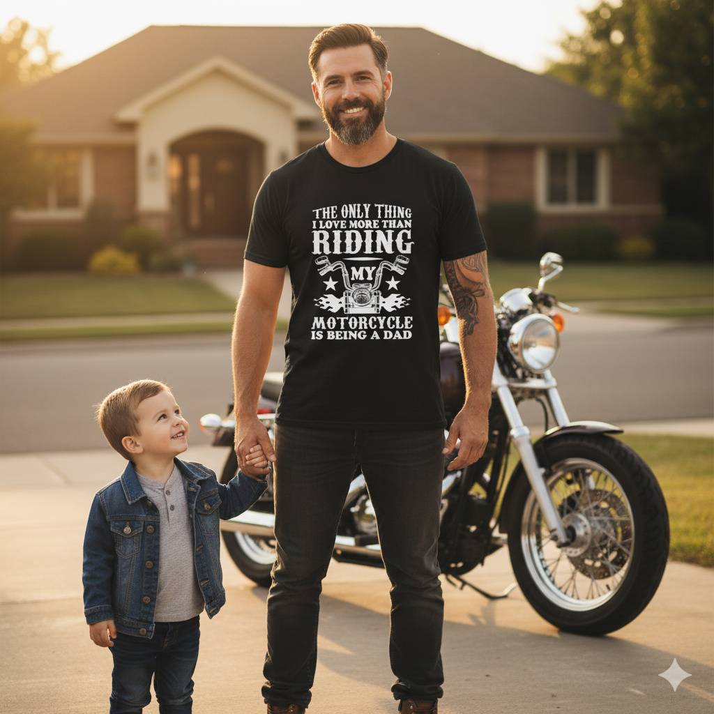 Motorcycle Dad Tee – Ride & Fatherhood Shirt Man and child standing by motorcycle in dad shirt