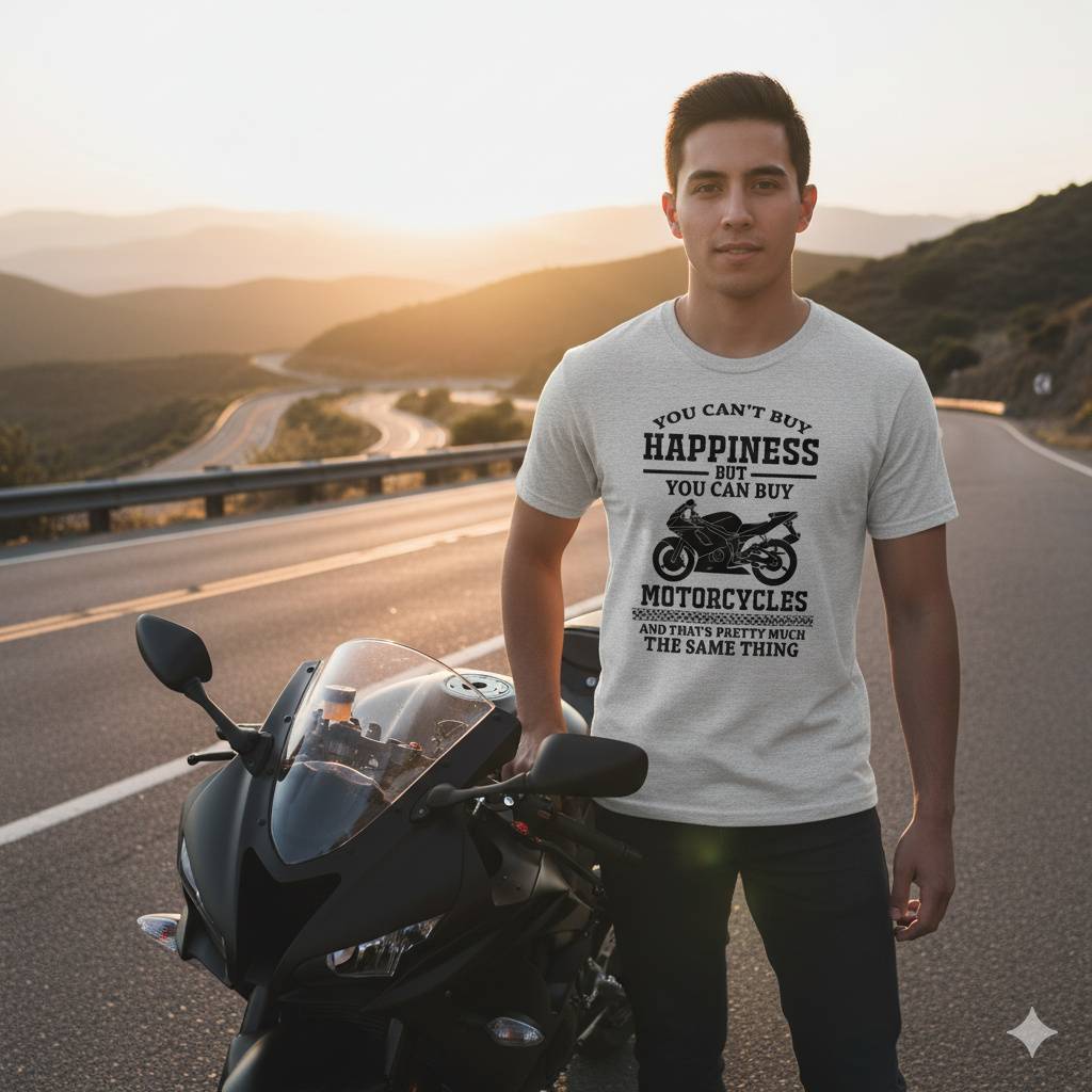 Funny Biker Shirt – Buy Bikes, Buy Joy Person standing by sport motorcycle at sunset