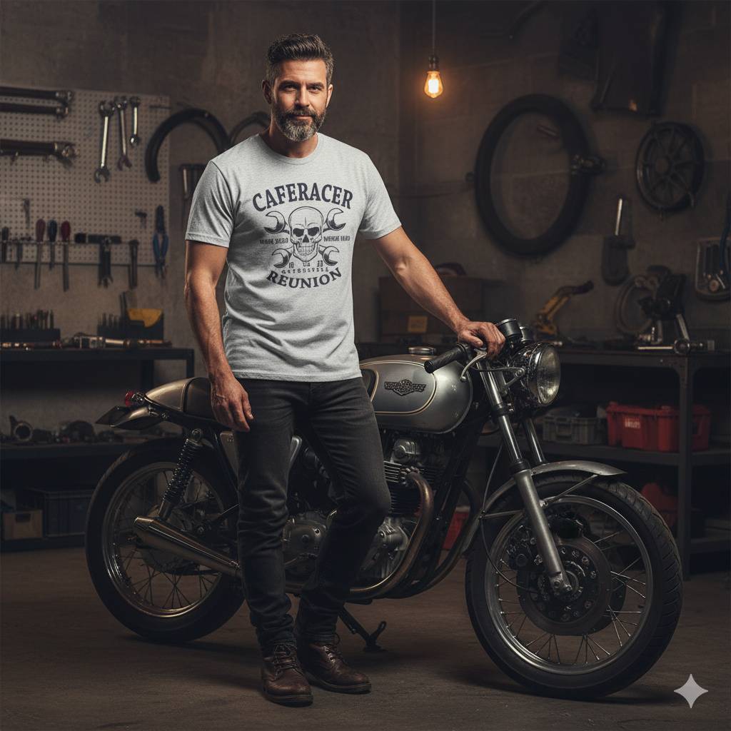 Vintage Moto Shirt – Café Racer Reunion Design Vintage motorcycle shirt with garage culture theme
