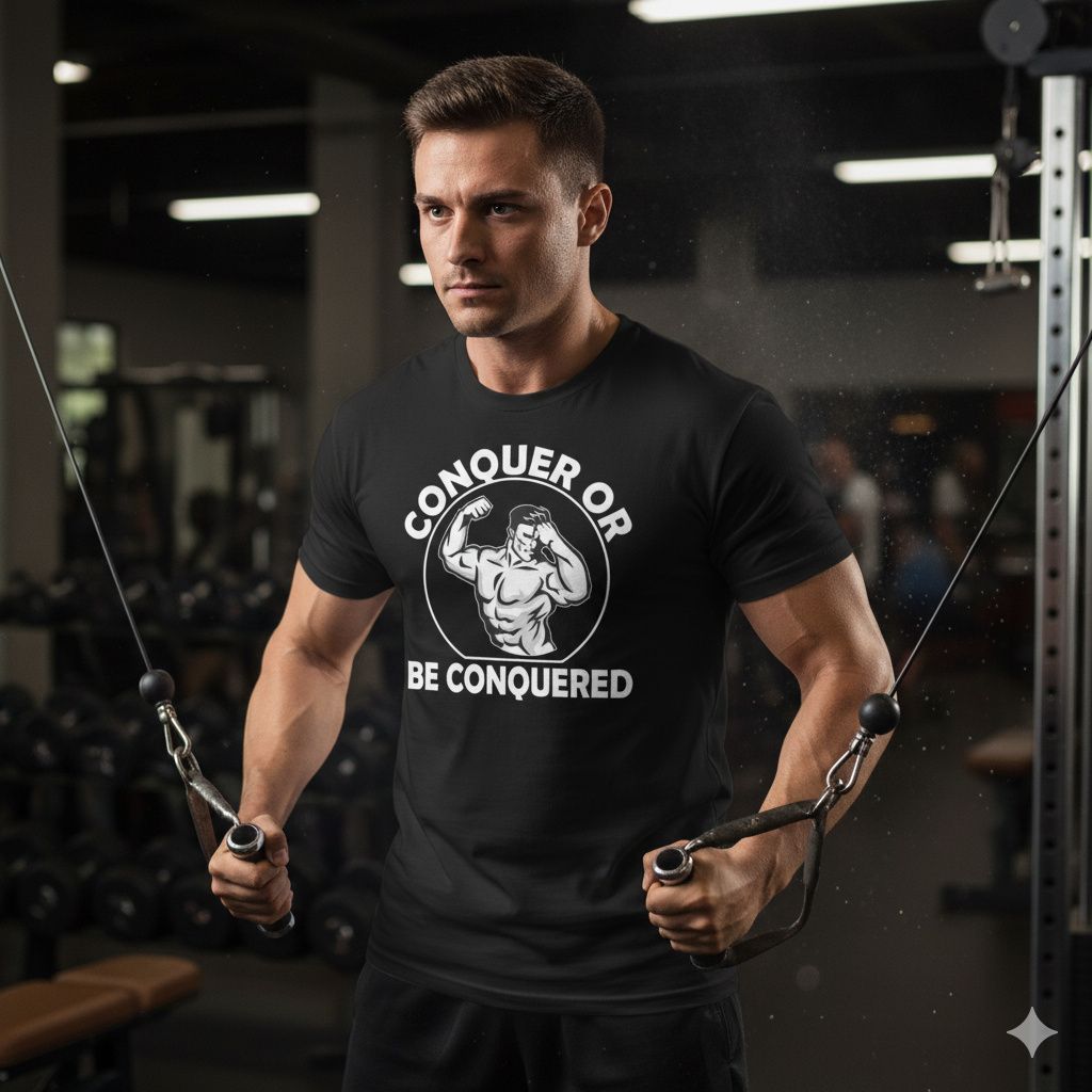 Conquer Gym Tee – Dominate Every Workout Man doing chest fly in conquer-themed gym shirt