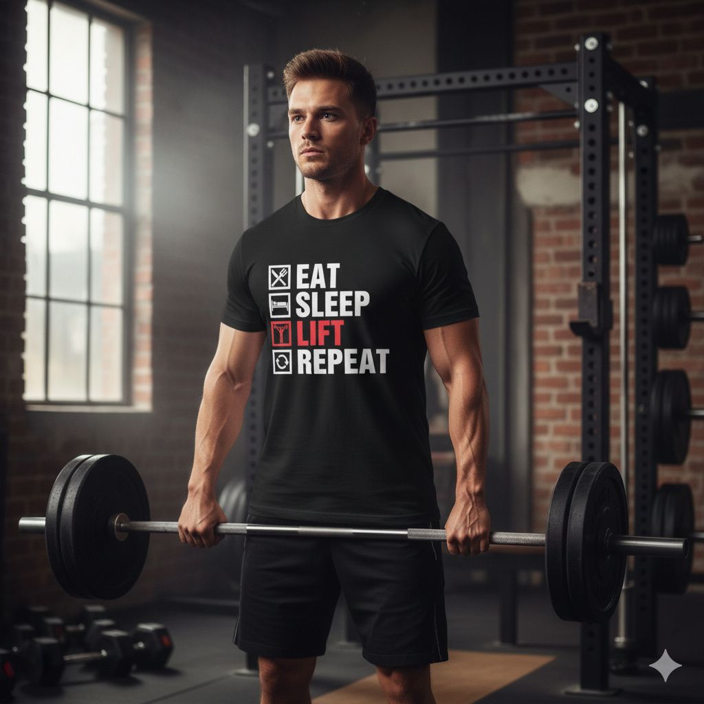 Eat Sleep Lift Repeat Tee – Gym Life Essentials Black tee with eat, sleep, lift, repeat icons