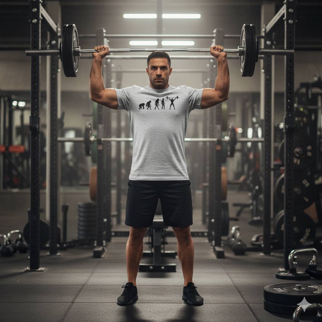 Evolution Gym Tee – Lift Like a Modern Human Man lifting barbell in evolution-themed gym shirt