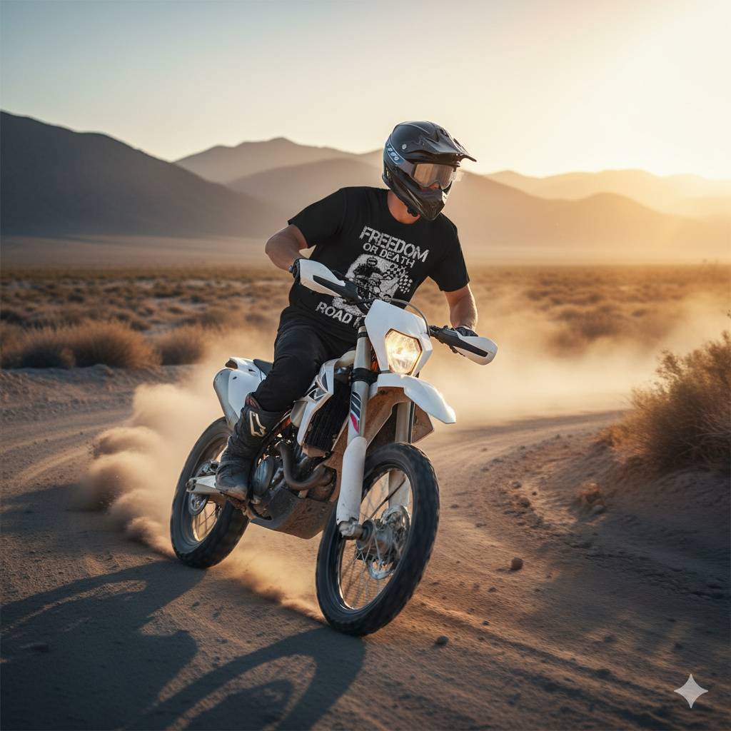Rider on dirt trail wearing Freedom Crew shirt