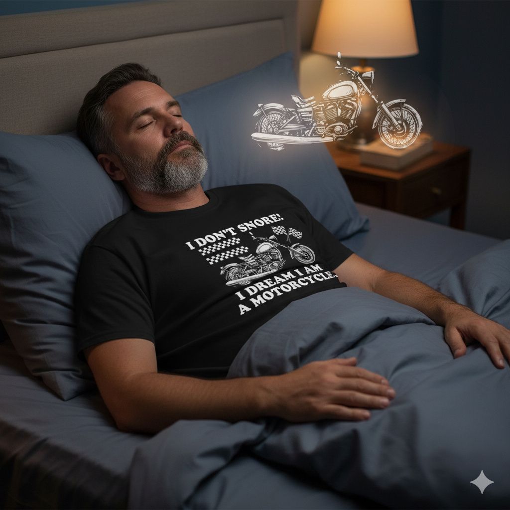 Funny Sleep Tee – Dreaming of Motorcycles Shirt Man sleeping in bed wearing motorcycle dream shirt