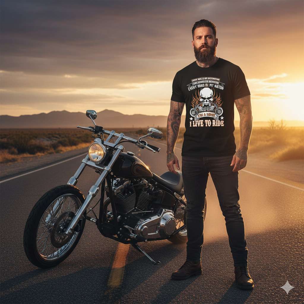 Live to Ride Tee – Skull & Wings Moto Statement Man standing by motorcycle in sunset with bold tee