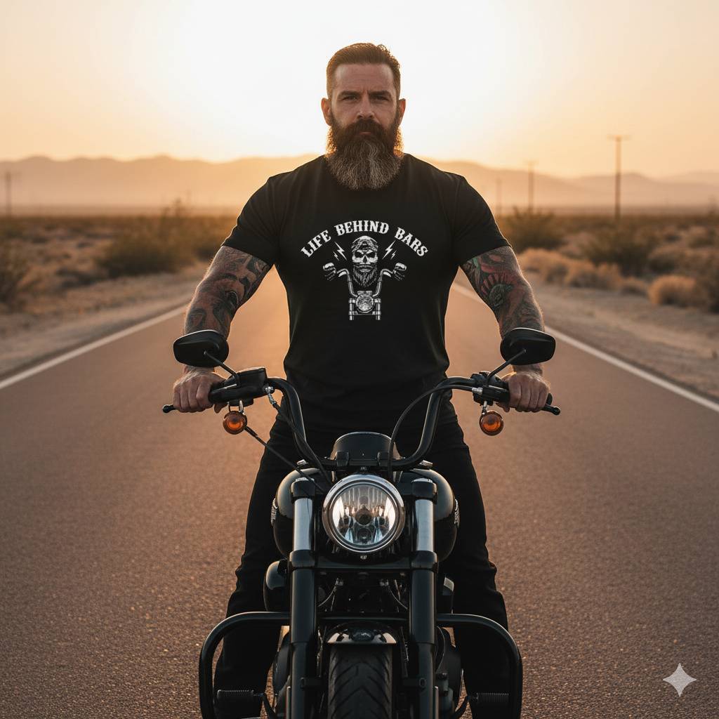 Life Behind Bars Tee – Skull & Moto Freedom Shirt Rider sitting on motorcycle in desert sunset