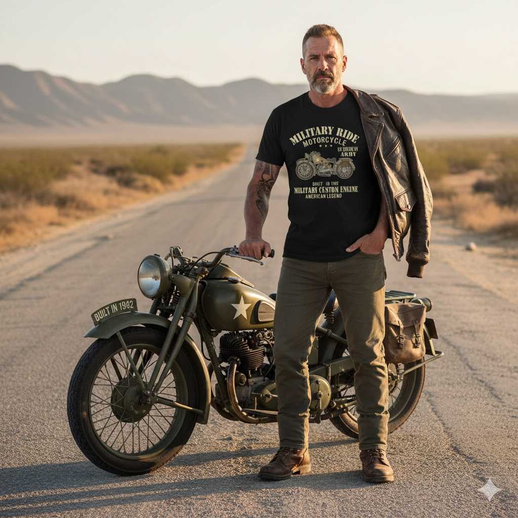 Man standing by military-style motorcycle in desert