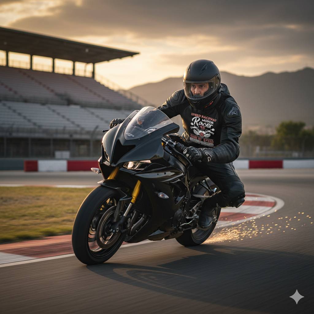 “Speed Academy Racer” Precision Performance Tee Motorcycle racer leaning into turn at sunset