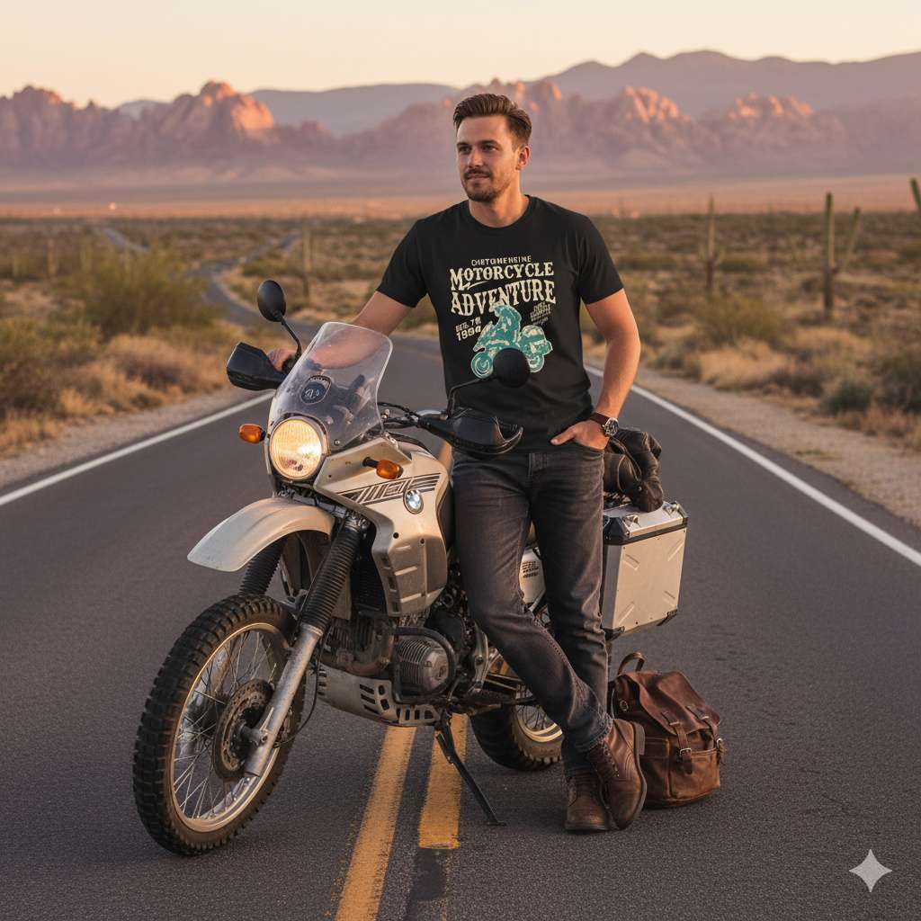 “Motorcycle Adventure” Survival Statement Tee Man standing by adventure motorcycle at sunrise