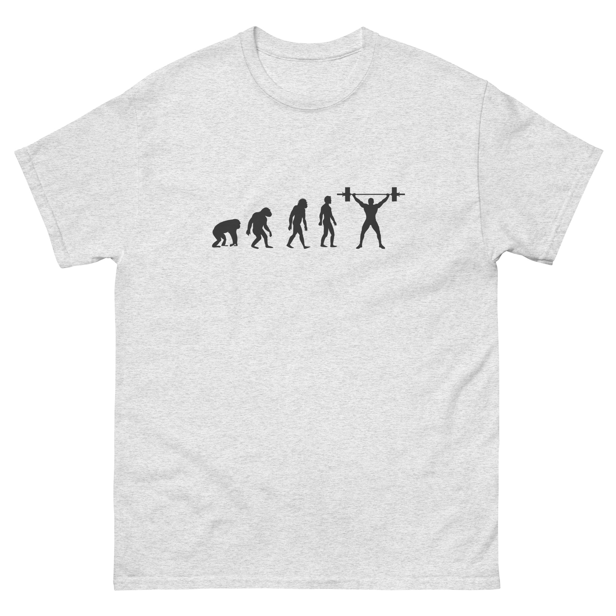 T-shirt with evolution of man graphic ending in weightlifter
