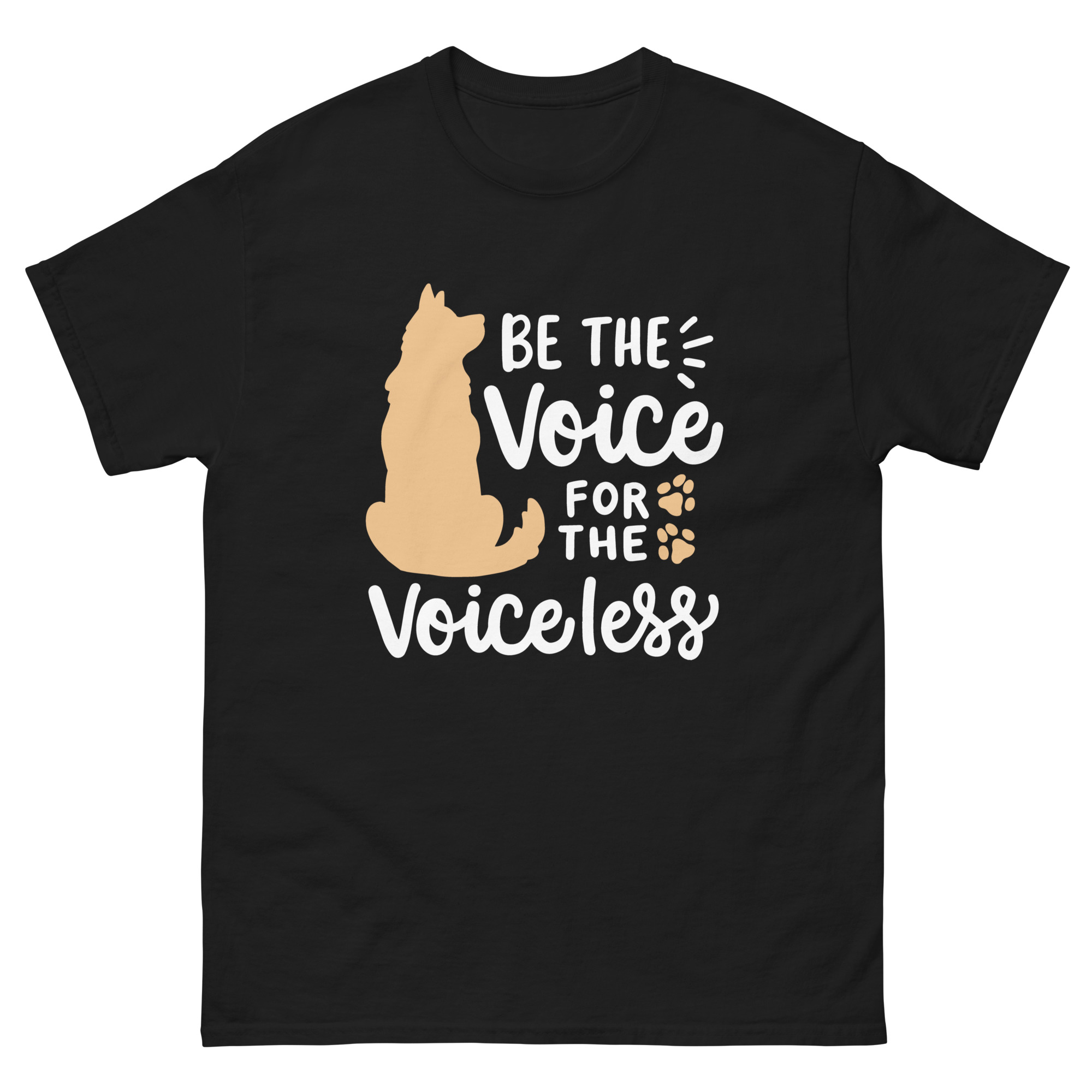 black t-shirt with be the voice for the voiceless quote and dog silhouette