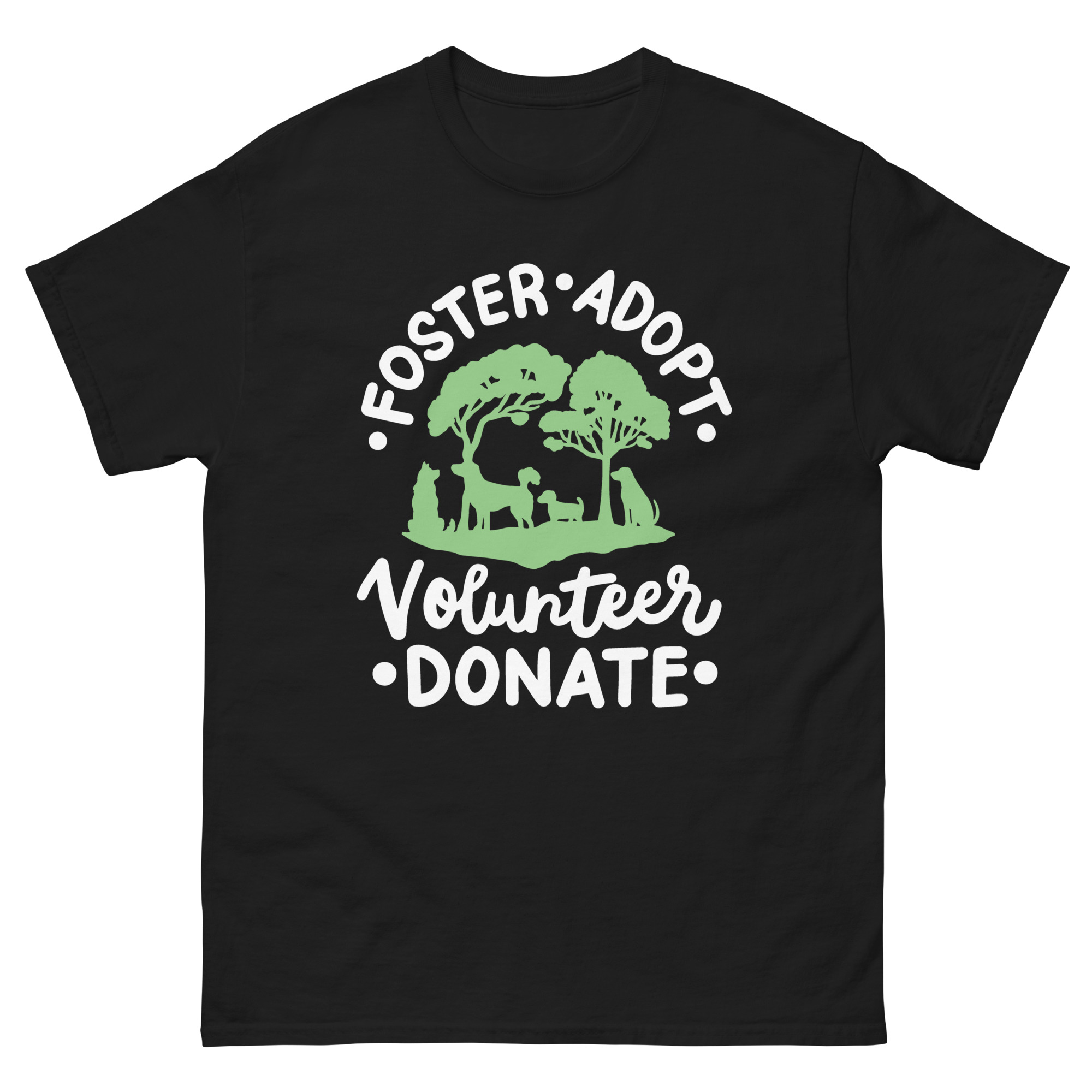 black shirt with adopt foster volunteer donate quote and dog forest silhouette