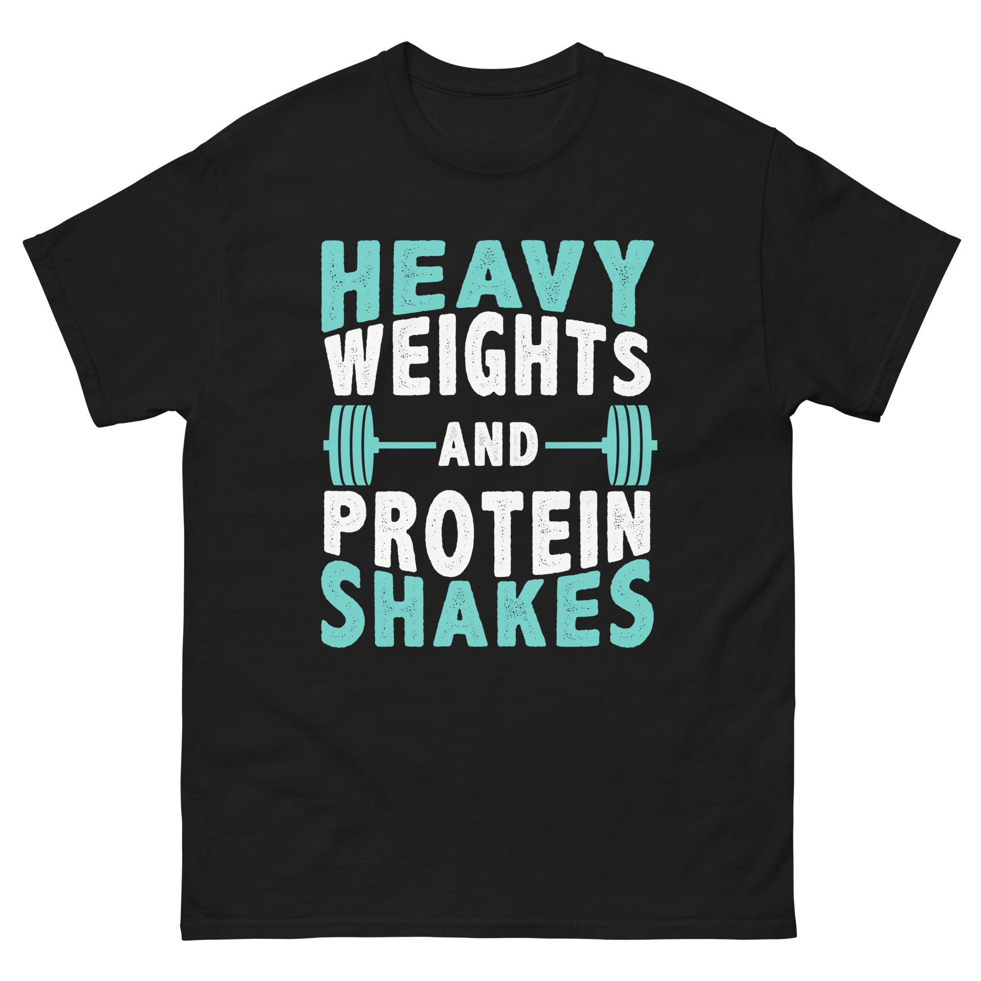Black shirt with heavy weights and protein shakes text and barbell graphic