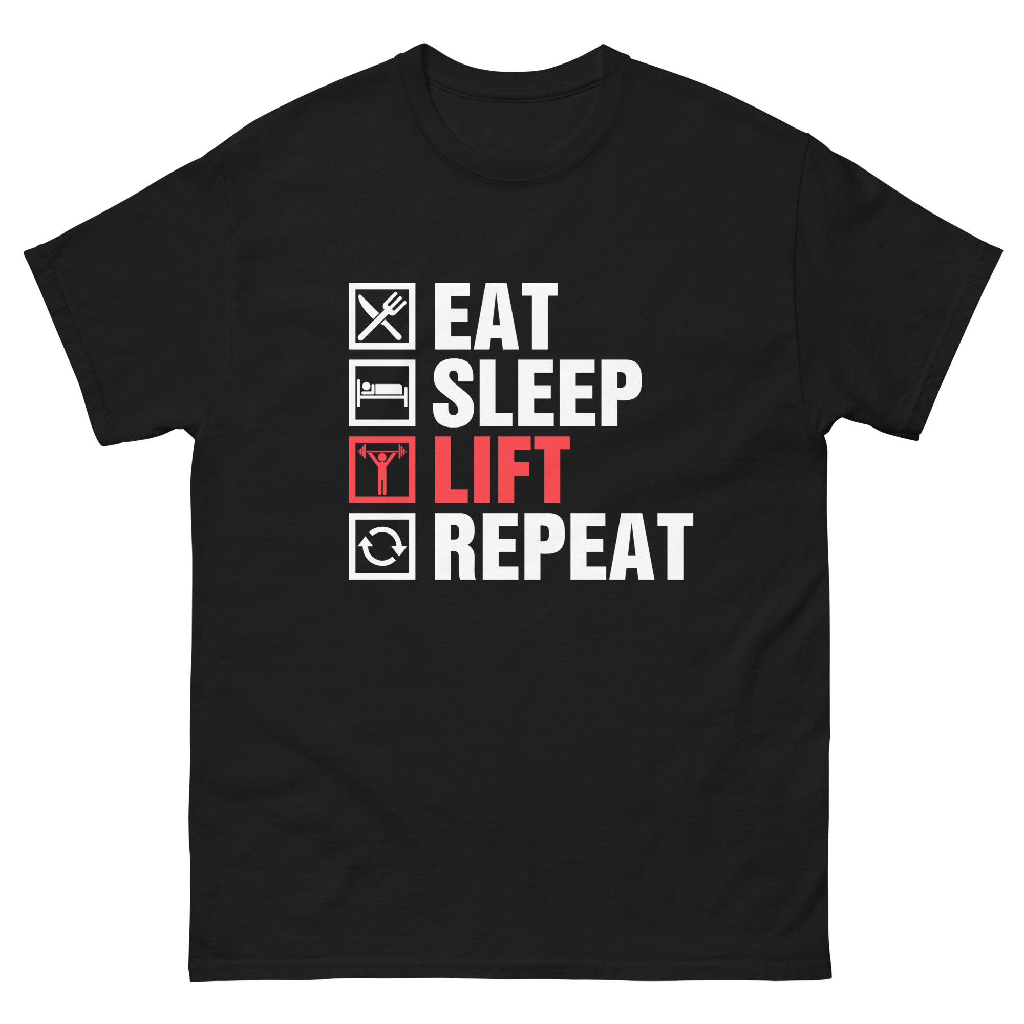 Black t-shirt with eat sleep lift repeat text and gym icons