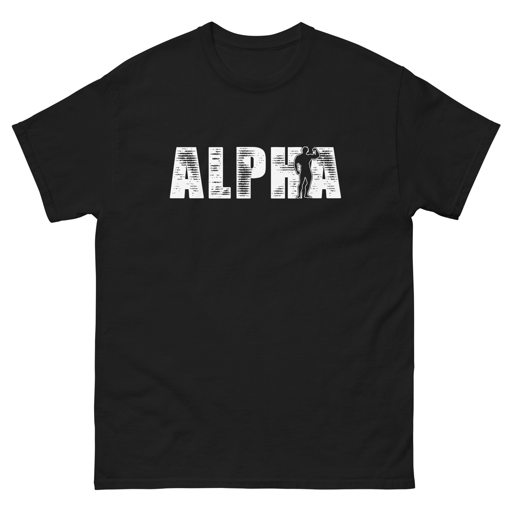Black gym shirt with white distressed “ALPHA” text and flex silhouette