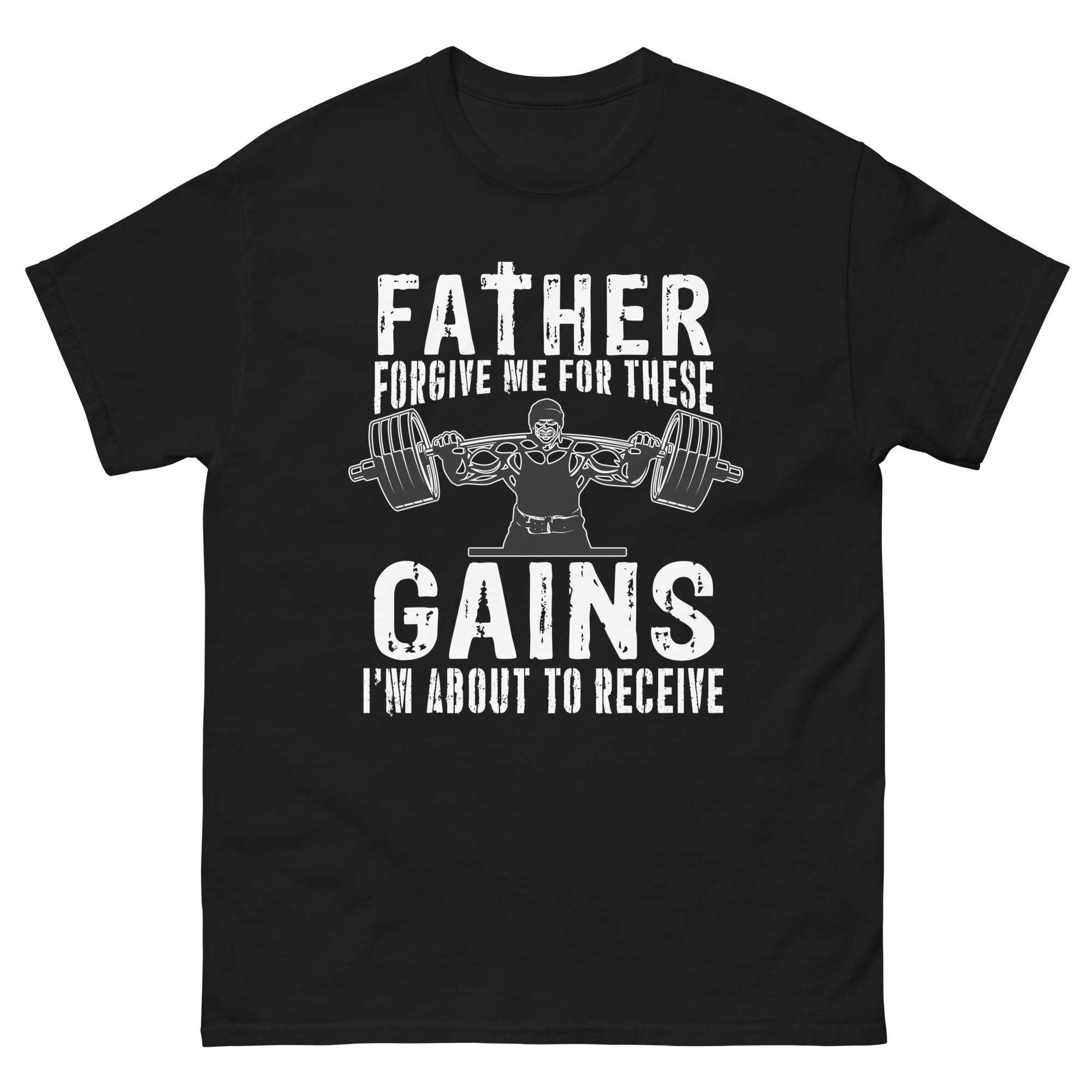 Faith-themed gym t-shirt with barbell and gains quote