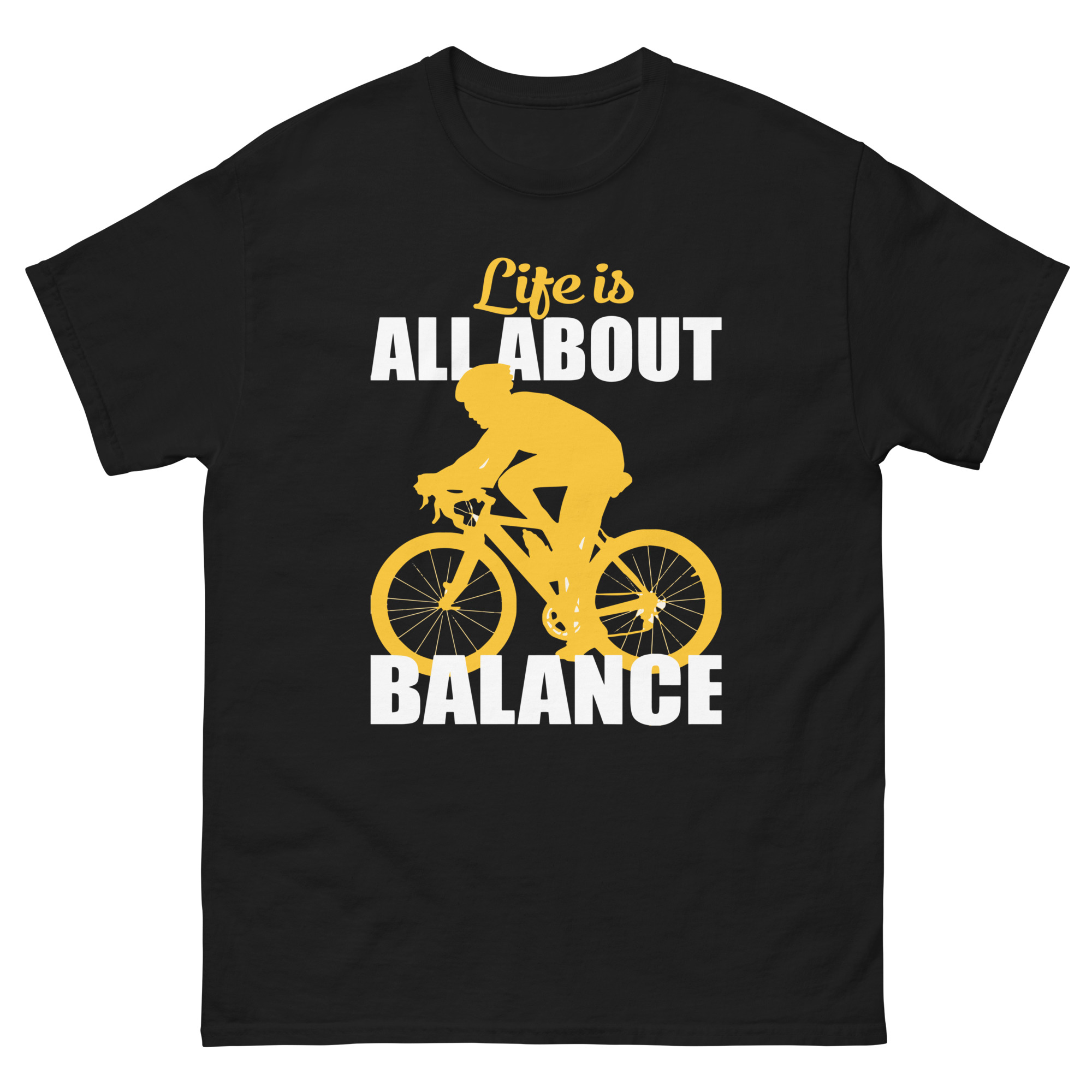 Yellow cyclist silhouette balance quote shirt
