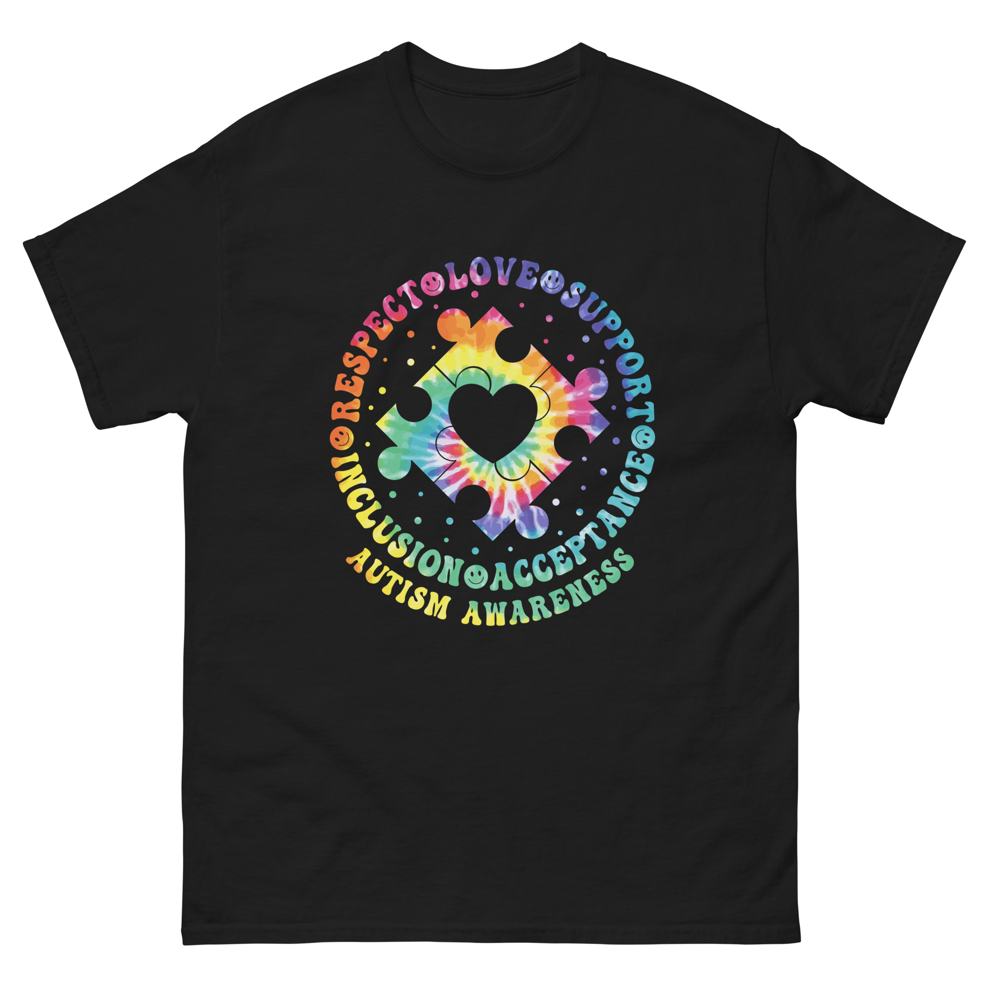 Colorful tie-dye autism awareness shirt with puzzle heart and words "Respect, Love, Support, Inclusion, Acceptance"
