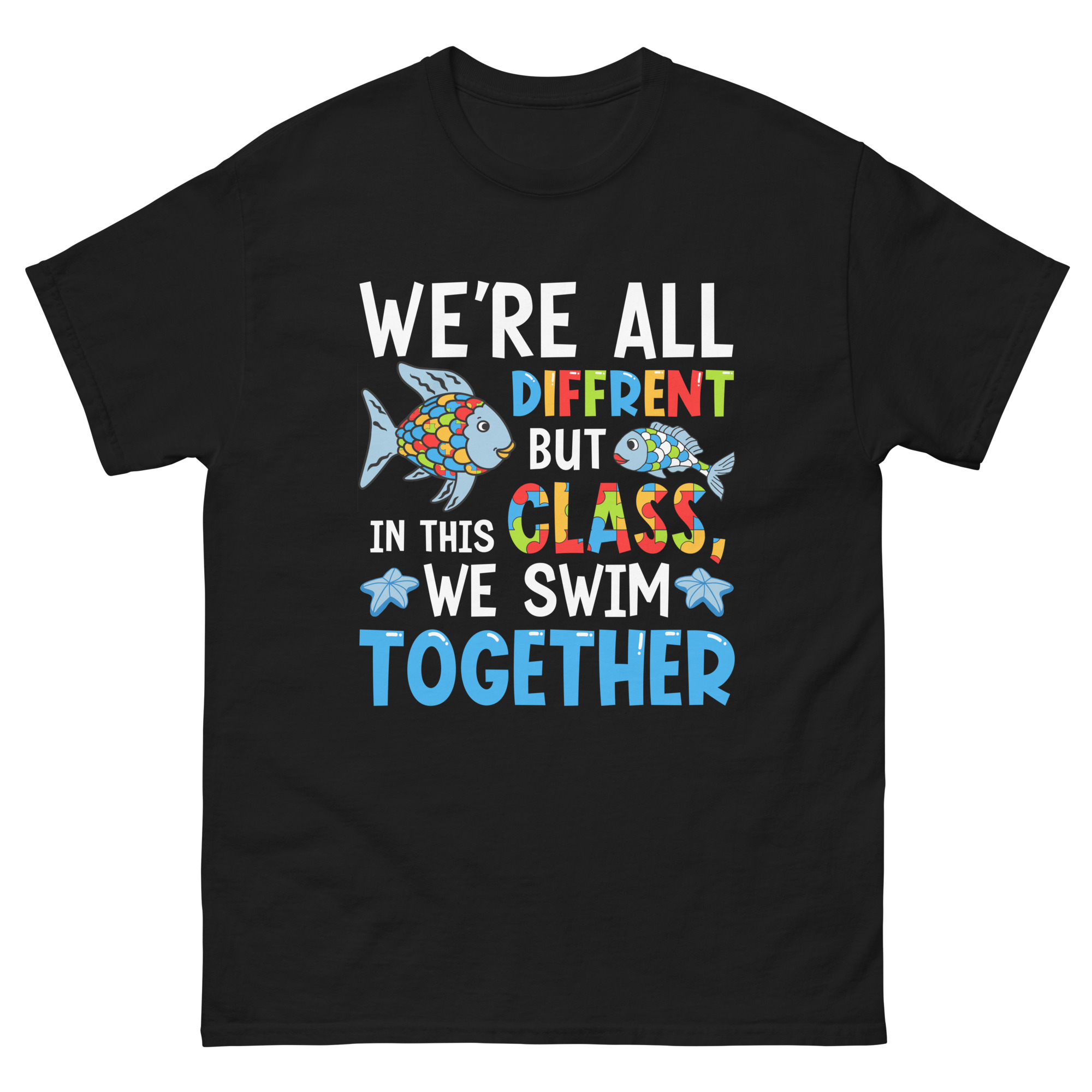 Autism awareness shirt with colorful fish and “We swim together” classroom quote