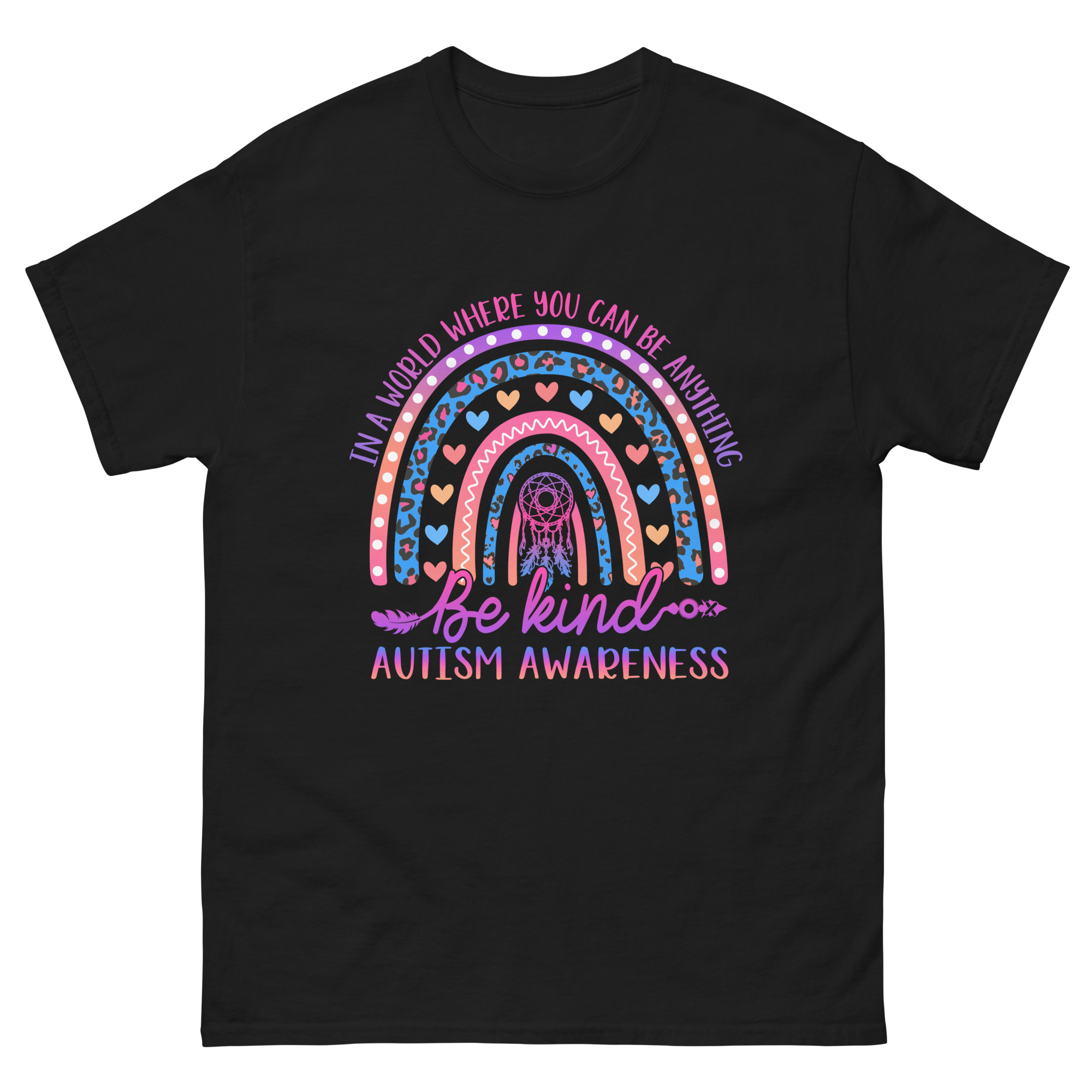 Autism awareness shirt with boho rainbow, dreamcatcher, and “Be Kind” quote