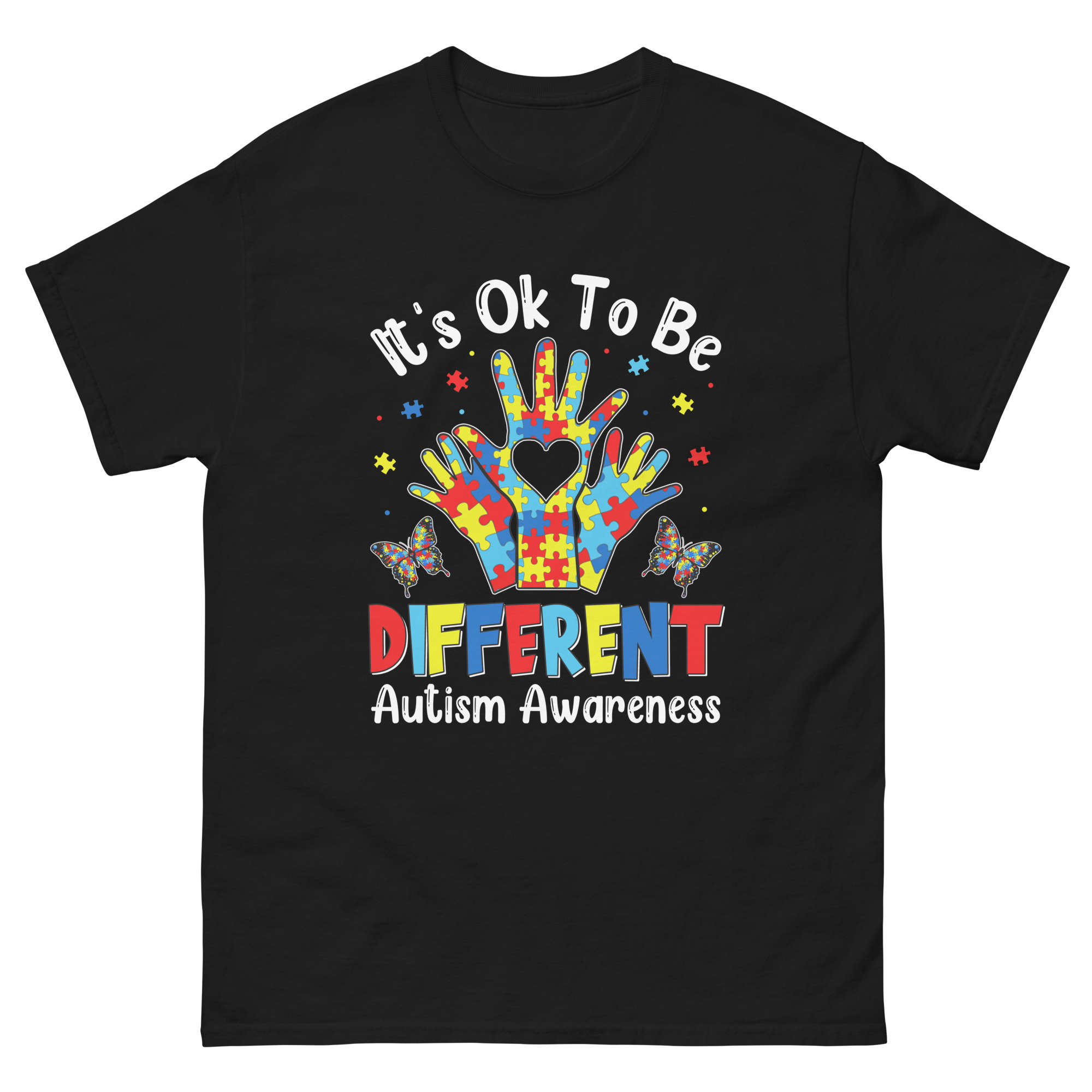 Autism awareness shirt with puzzle hands, heart, and “It’s OK to Be Different” text
