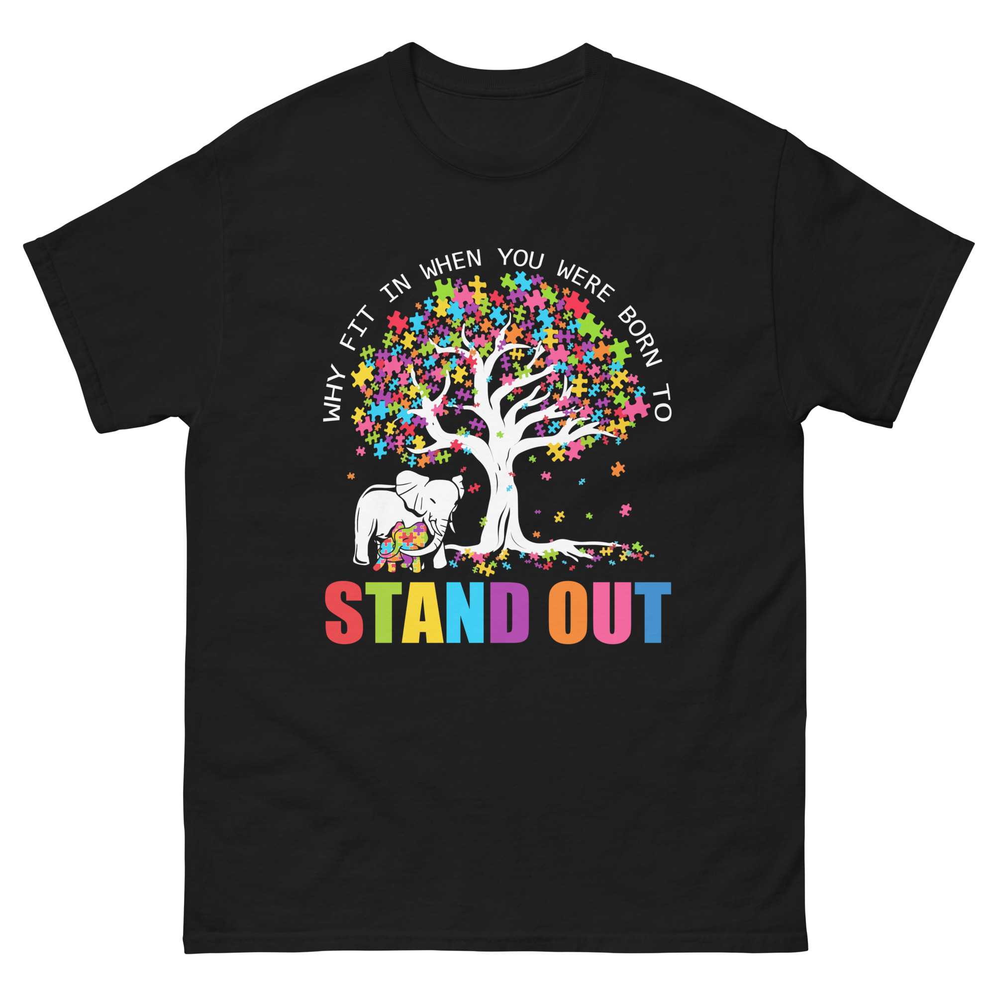 Autism awareness shirt with two elephants under a colorful puzzle tree and rainbow “Stand Out” text