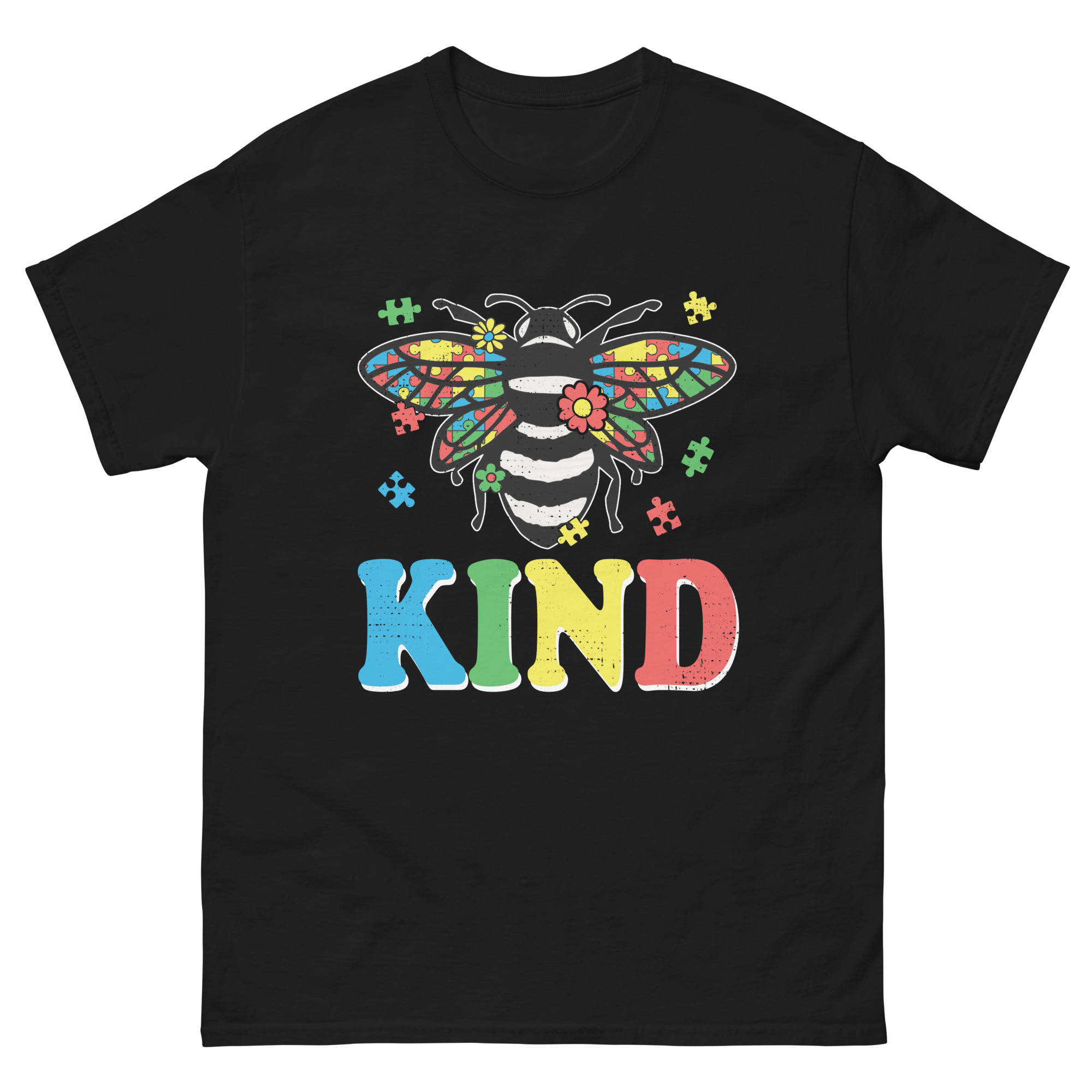 Bee Kind autism awareness shirt with puzzle piece wings and colorful KIND text
