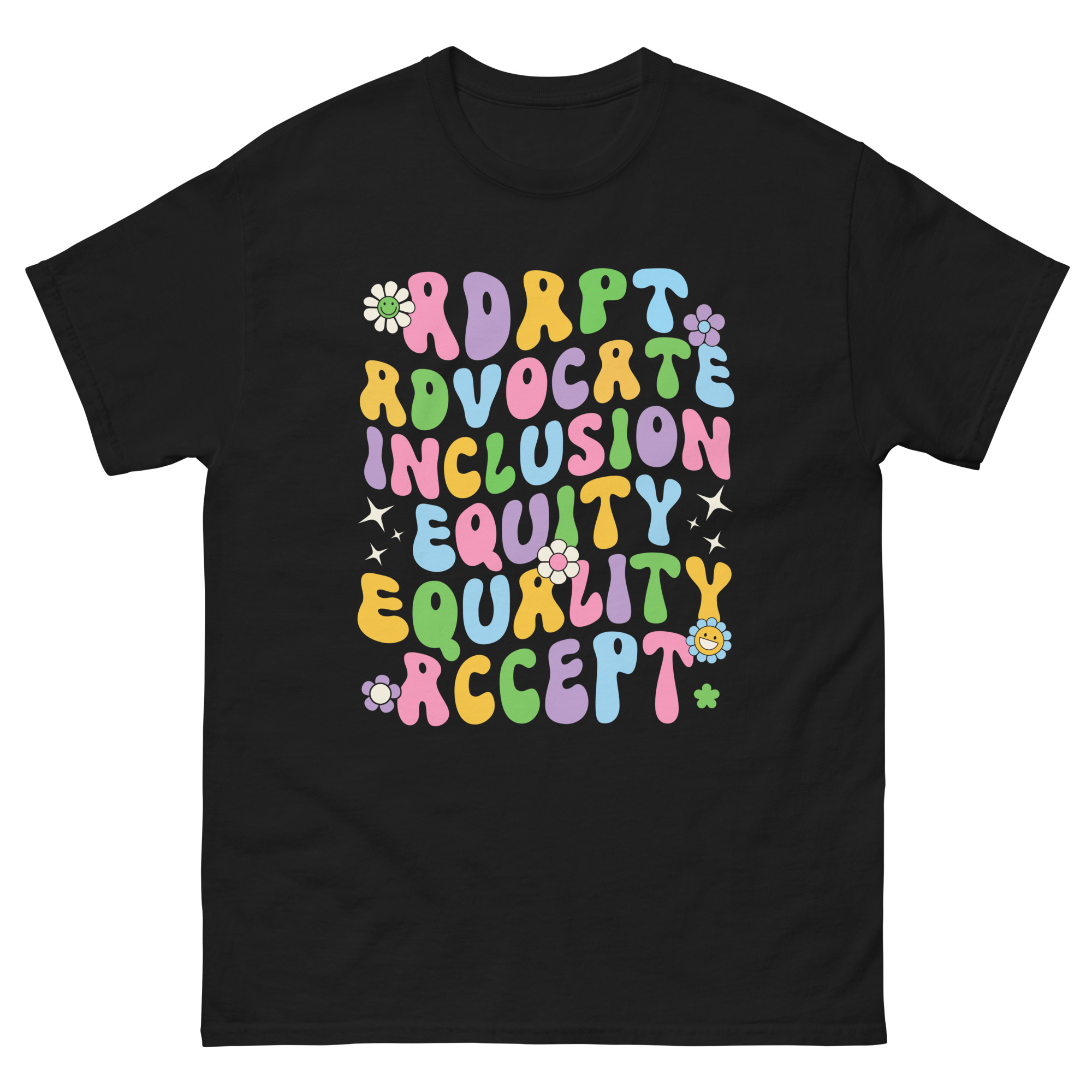 Retro autism advocacy t-shirt with colorful inclusive text design and flowers