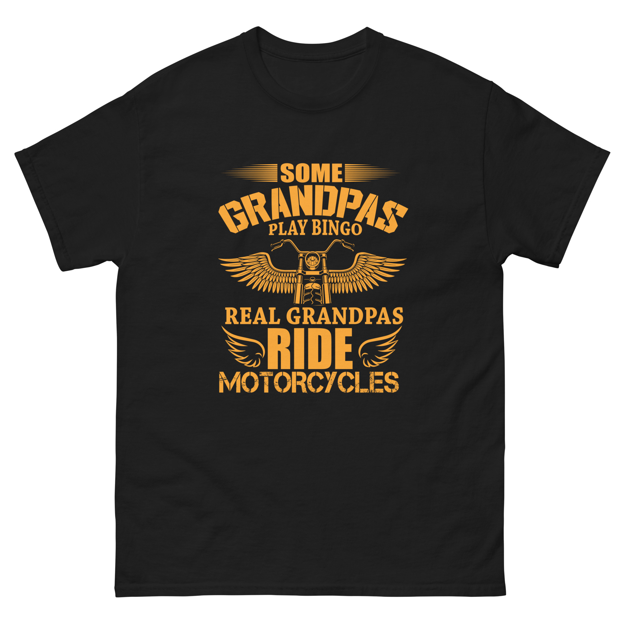 black t-shirt with orange text and motorcycle handlebar graphic that says real grandpas ride motorcycles