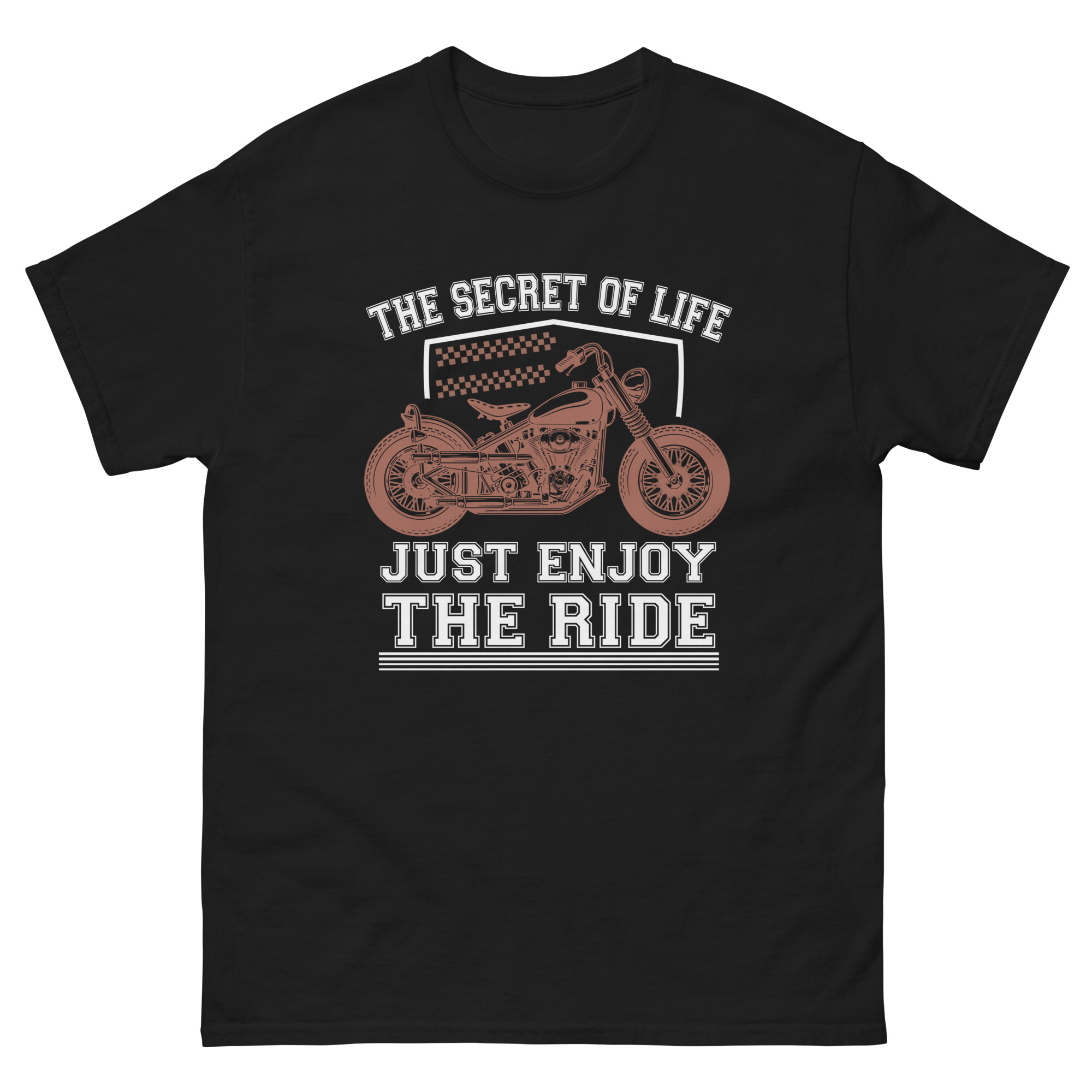 black motorcycle shirt with the secret of life just enjoy the ride text and vintage bike graphic