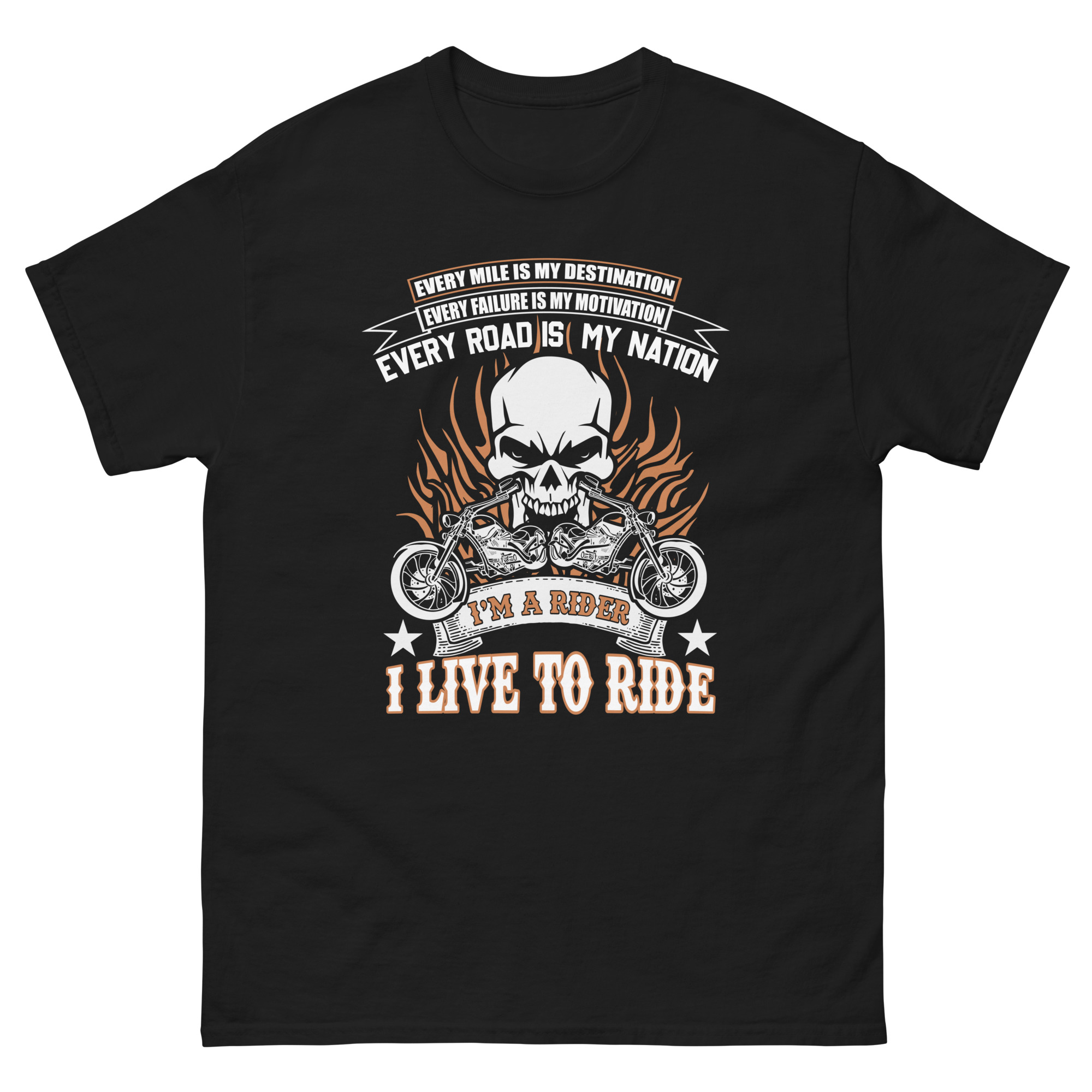 skull biker t shirt i live to ride motorcycle flames design