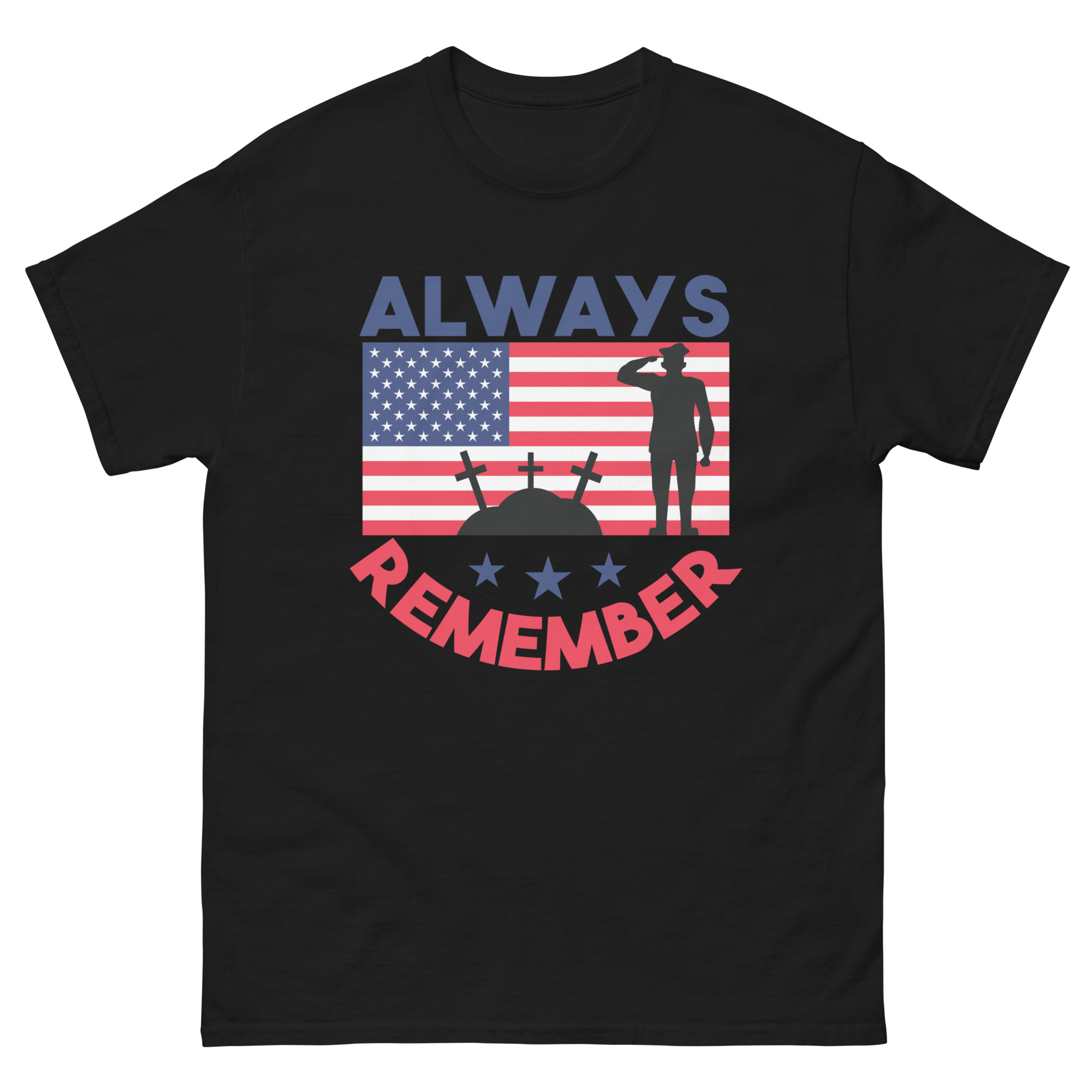 Black Memorial Day shirt with American flag and soldier saluting