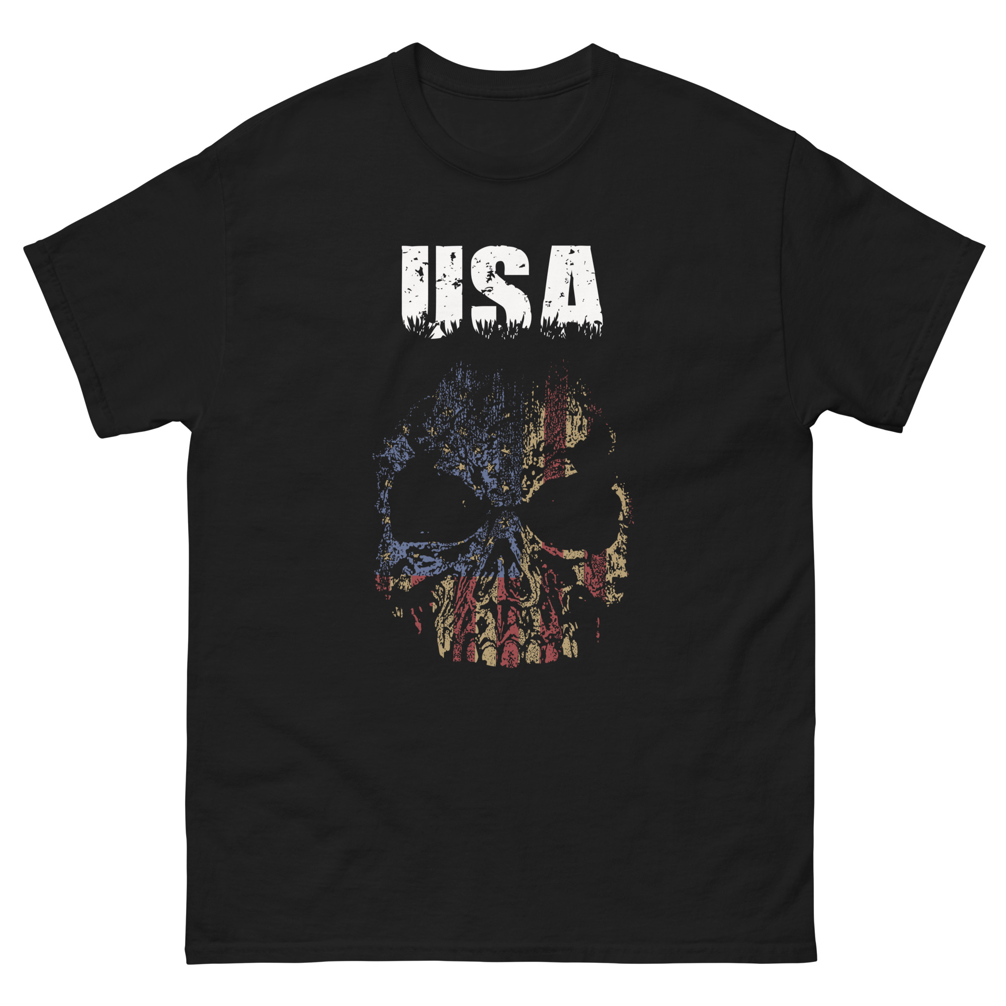USA flag skull graphic t-shirt with distressed grunge design