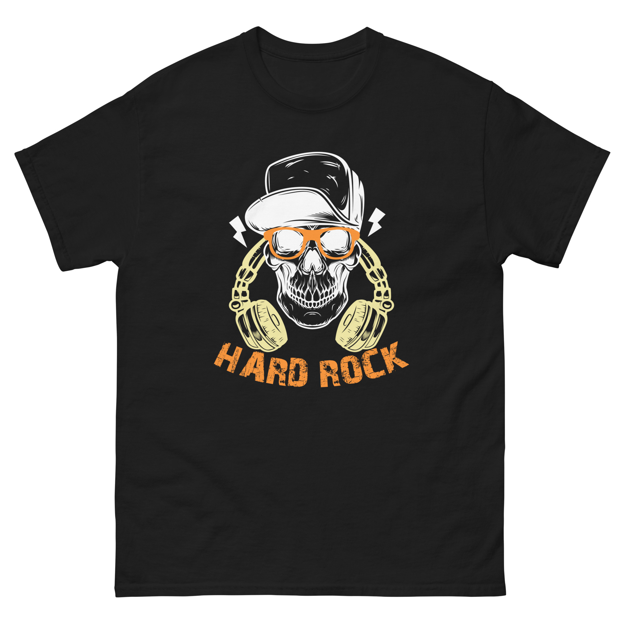 Hard rock skull t-shirt with headphones, sunglasses, and DJ hat