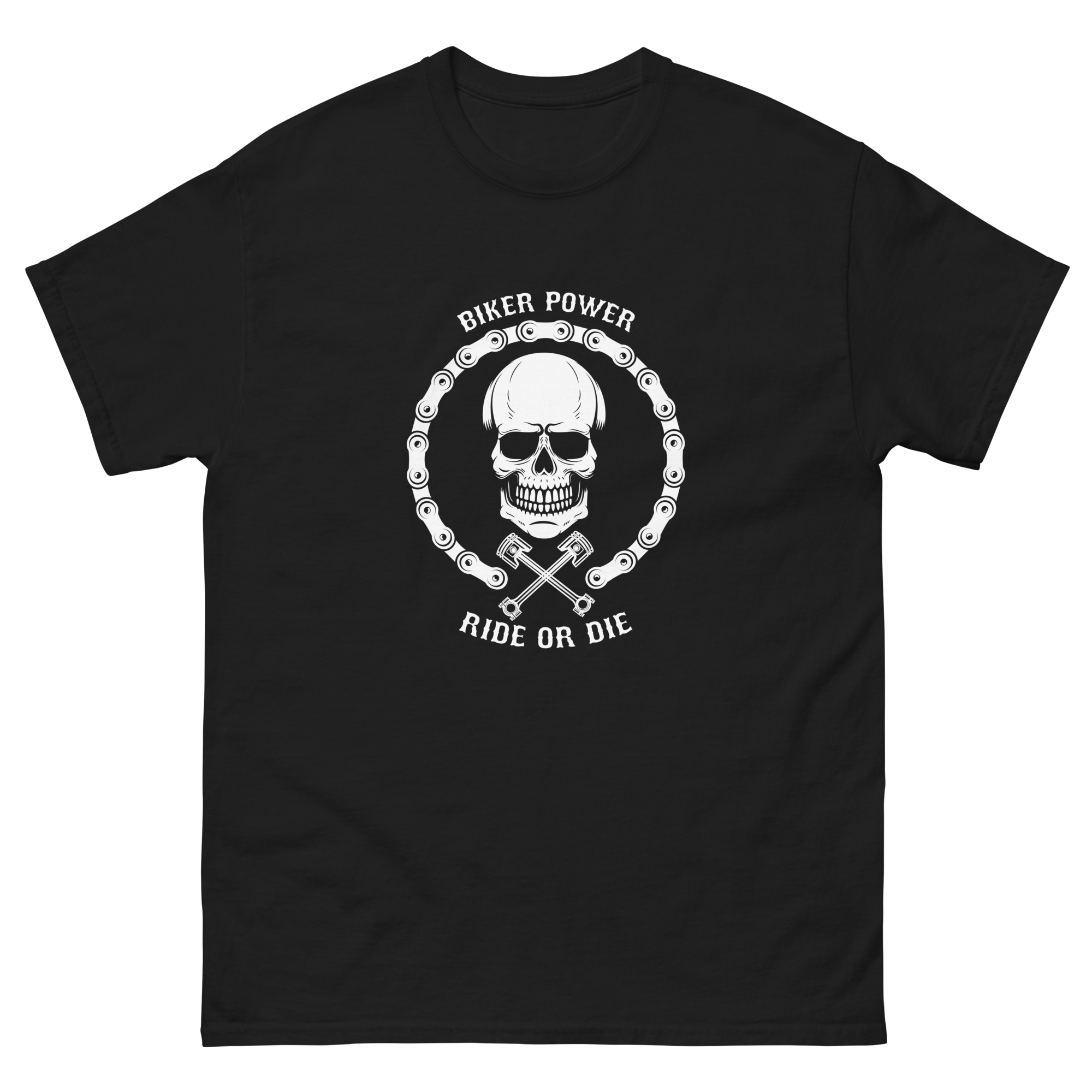 Biker skull t-shirt with motorcycle chain and pistons graphic