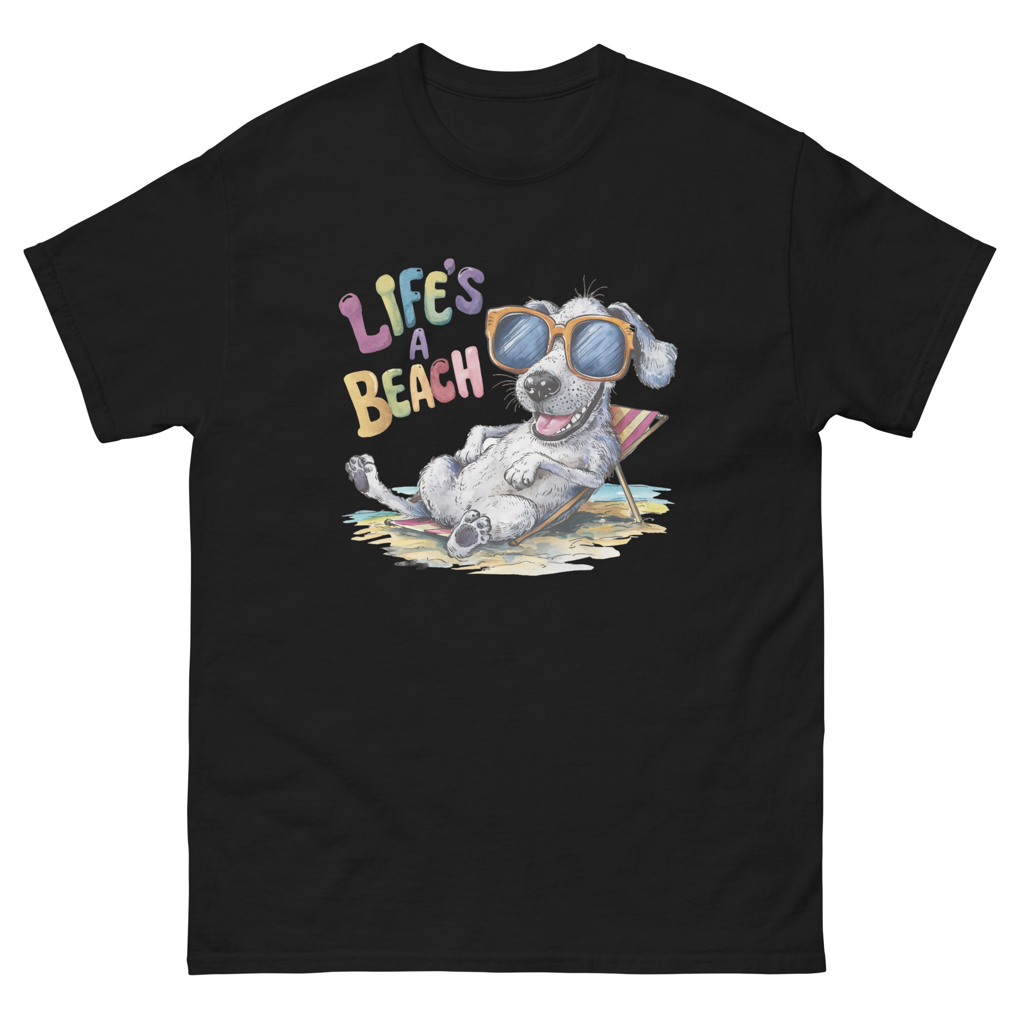 dog wearing sunglasses beach chair t-shirt