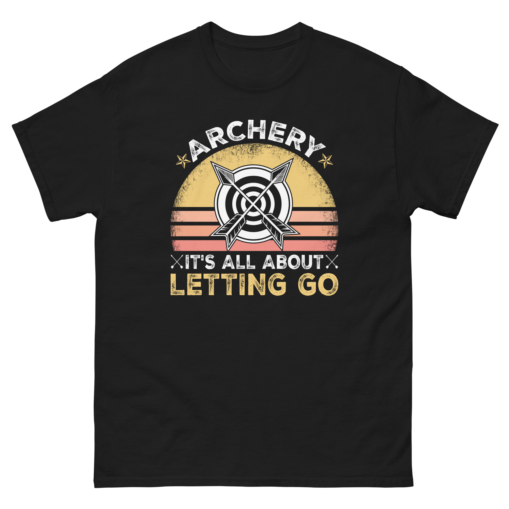 black archery shirt with letting go quote and target