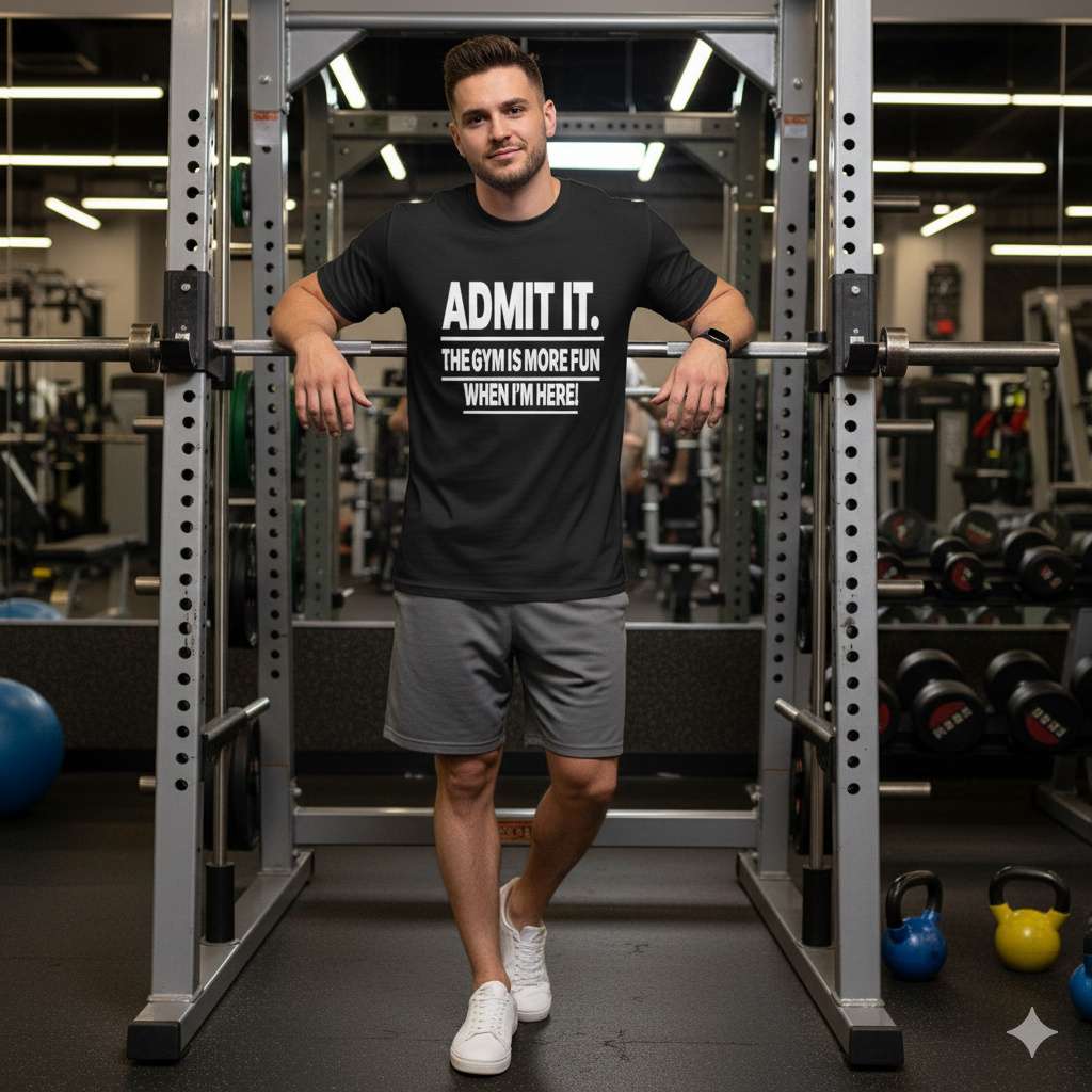 Man wearing funny gym T-shirt in fitness center