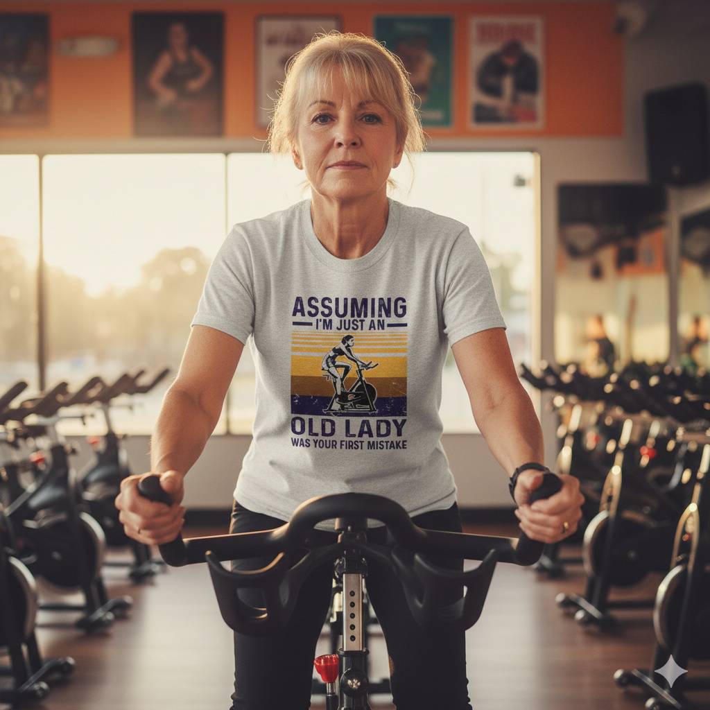 Bold Senior Fitness Tee – Not Just an Old Lady! Older woman on bike wearing empowering gym shirt