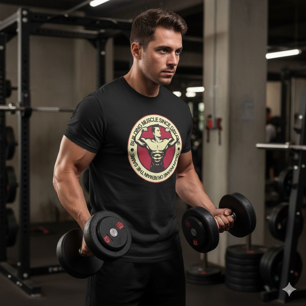 Muscle Builder Tee – Since Day One Gym Shirt Man curling dumbbells in muscle-building gym shirt