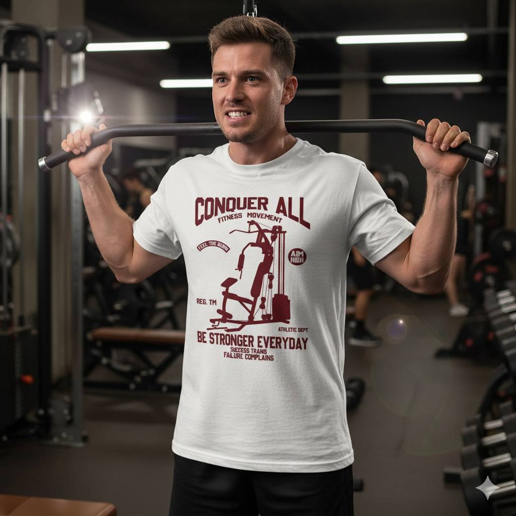 Conquer All Gym Tee – Strength & Movement Style Workout apparel with “Conquer All” and AMP design