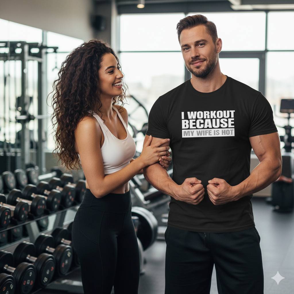 Funny Gym Tee – I Workout for My Hot Wife Man flexing in gym wearing funny wife-themed shirt