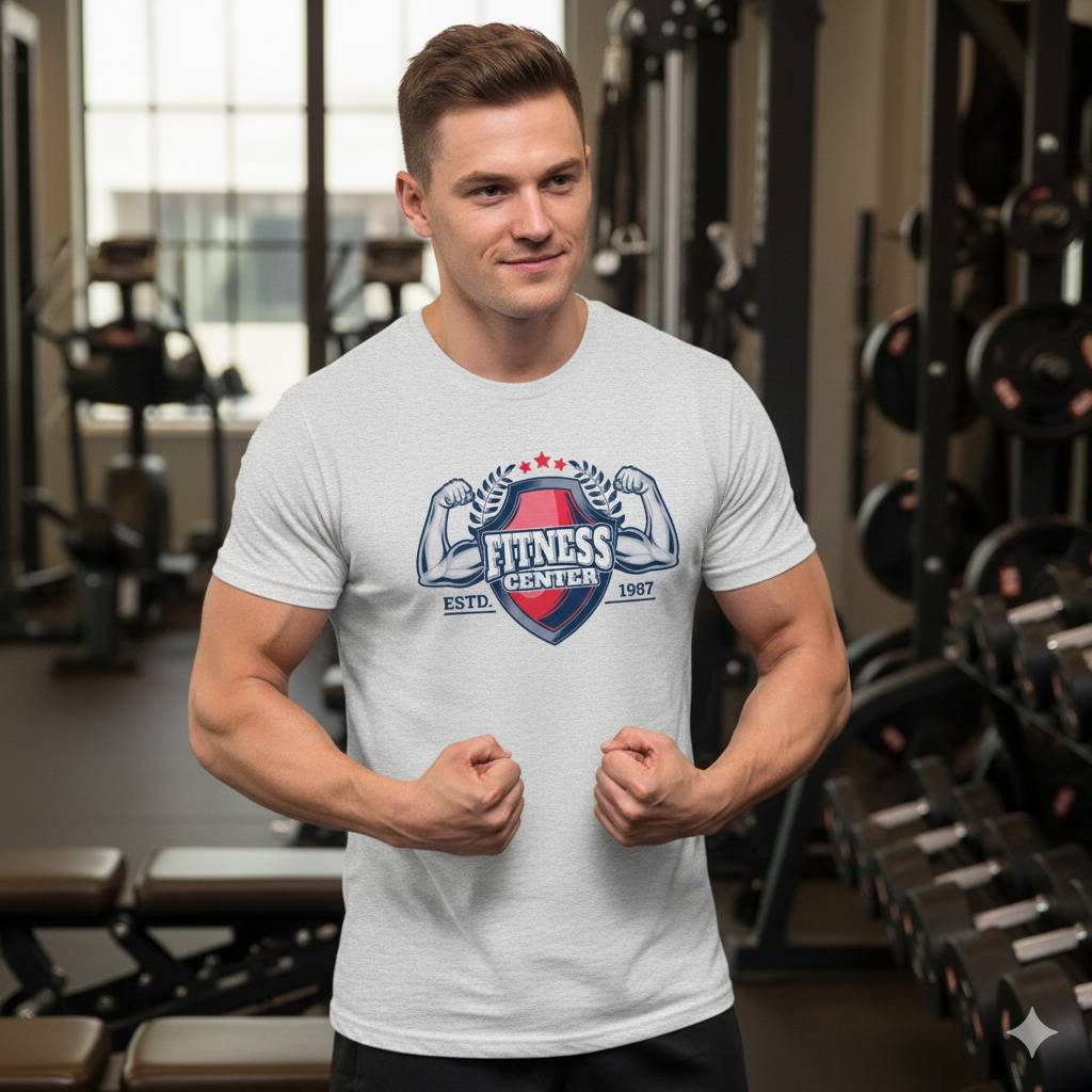 Fitness Center Tee – Classic Gym Shield Design Man posing in gym wearing retro fitness shirt