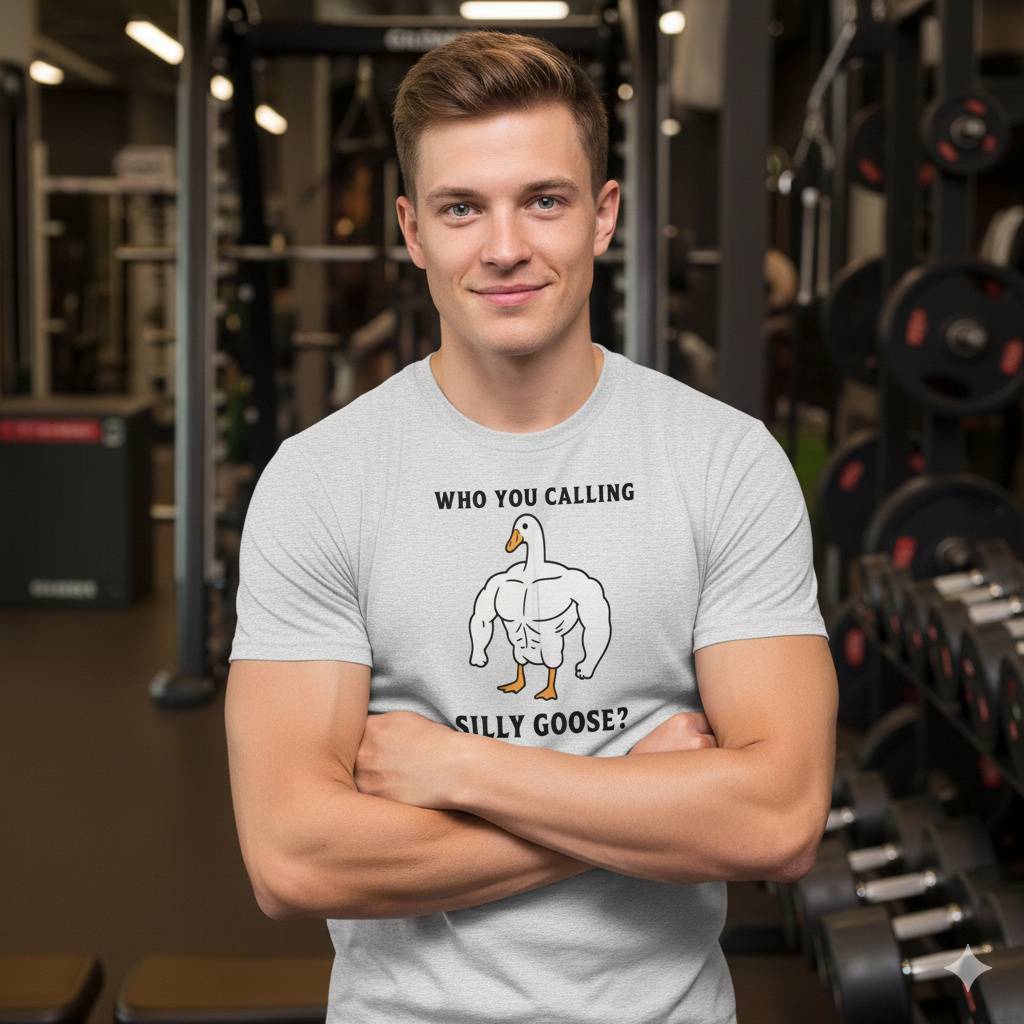 Funny Gym Tee – Silly Goose with Serious Gains Man in gym wearing silly goose workout shirt