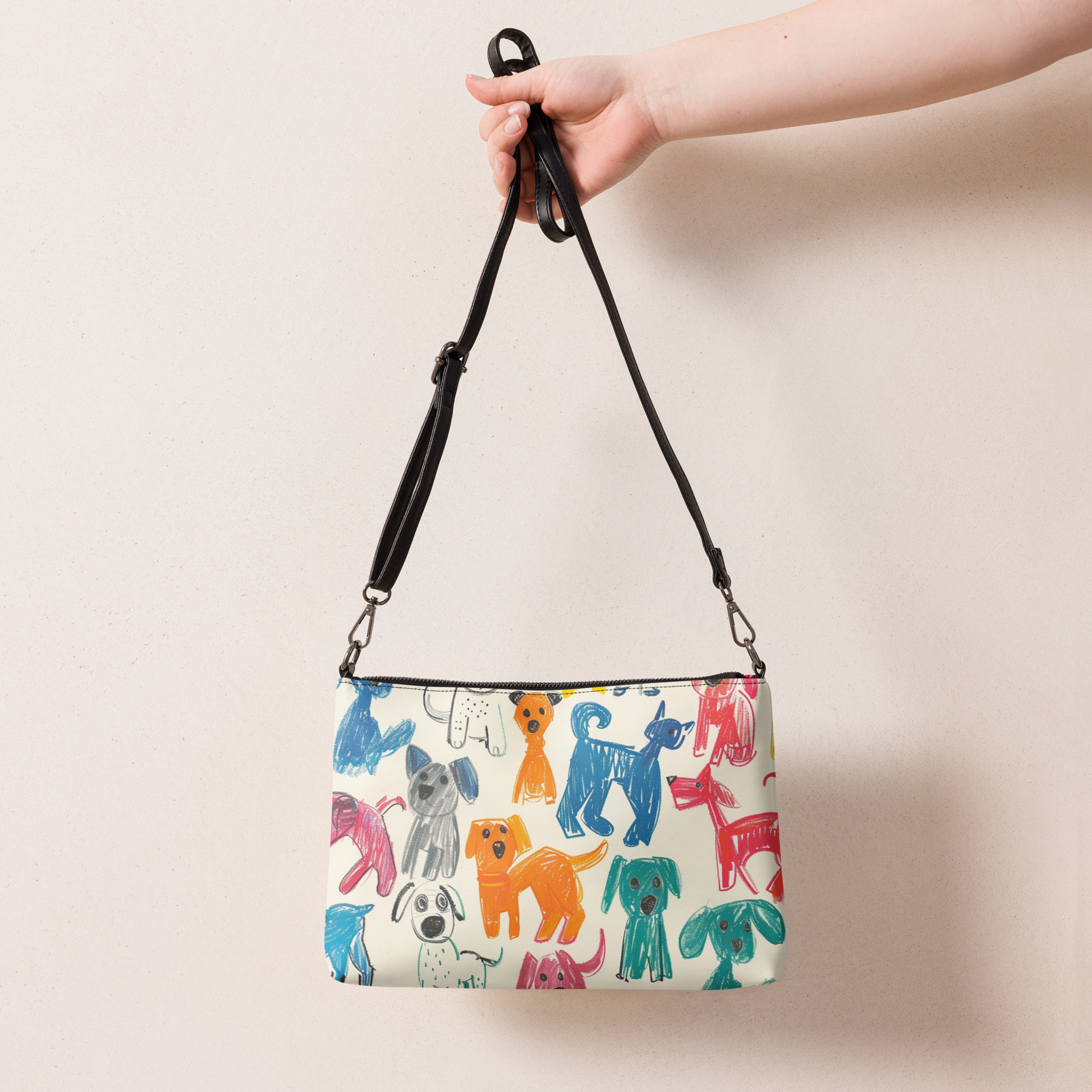 hand drawn colorful dog print wristlet bag