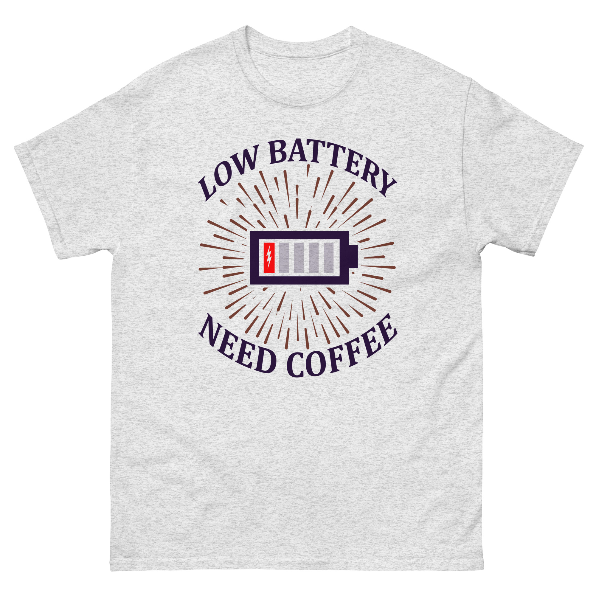 Gray t shirt with low battery icon and text “Low Battery Need Coffee” – funny caffeine humor shirt