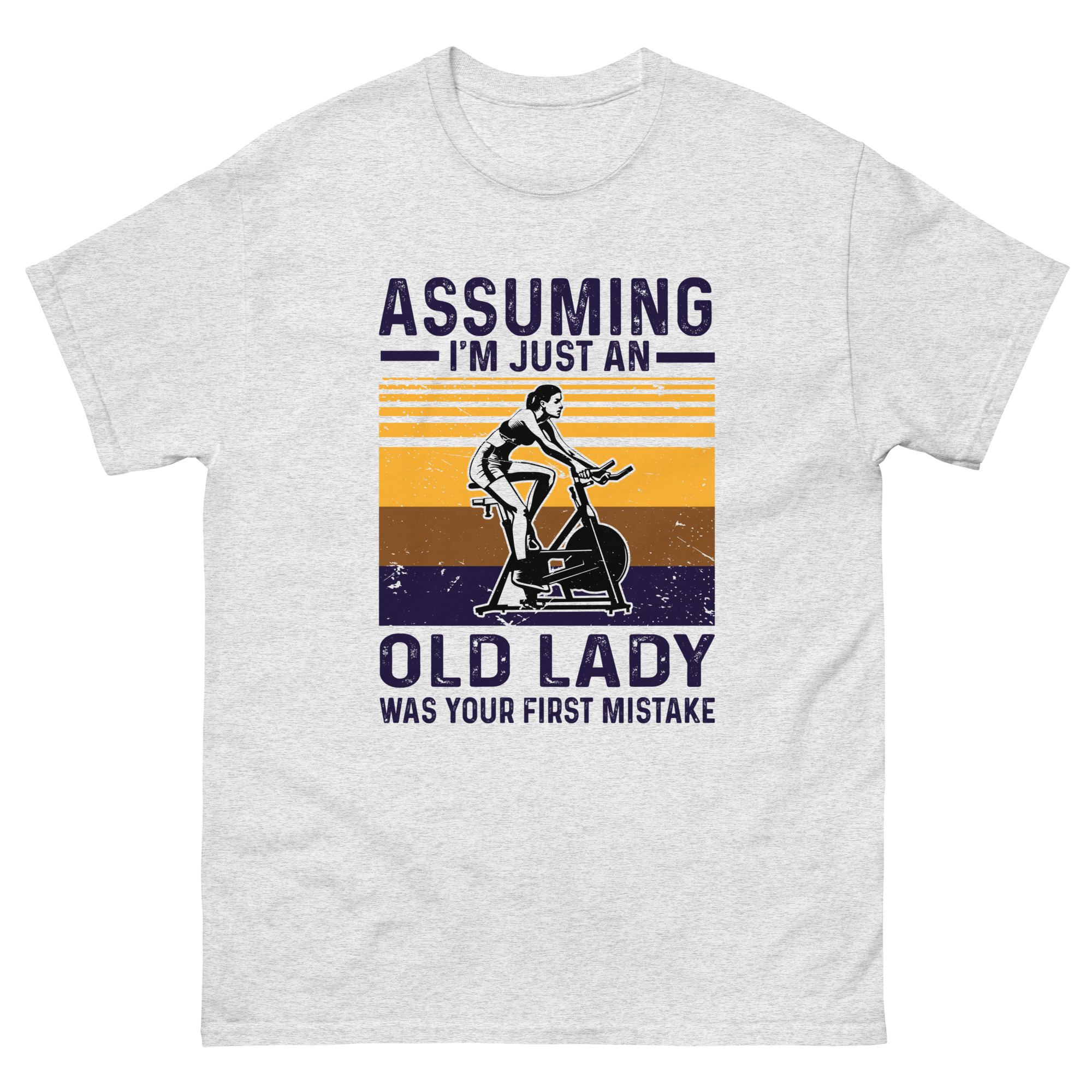 Heather gray shirt with “Assuming I’m Just an Old Lady Was Your First Mistake” quote and cycling graphic